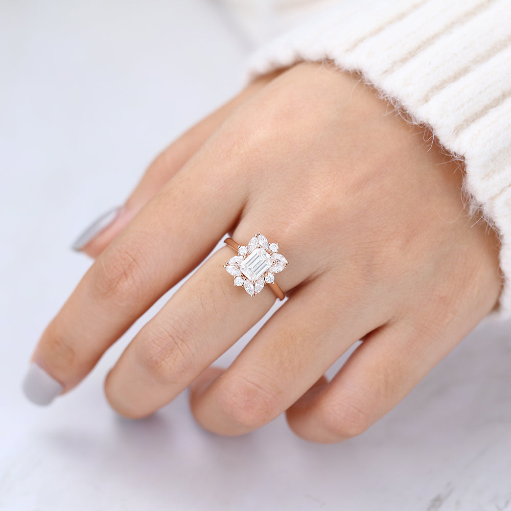 Cluster Engagement Ring Featuring 0.92 CT Emerald Moissanite 6