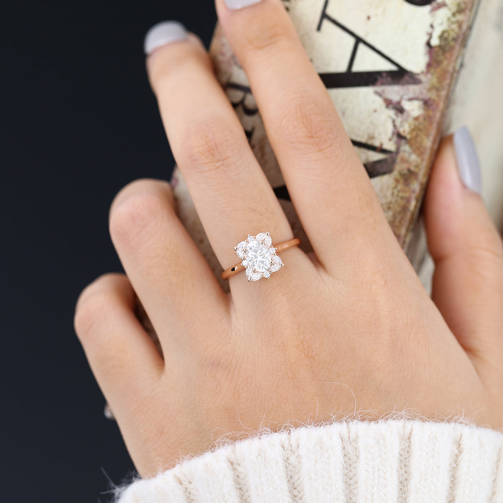 0.84 CT Oval Shaped Moissanite Cluster Engagement Ring 6