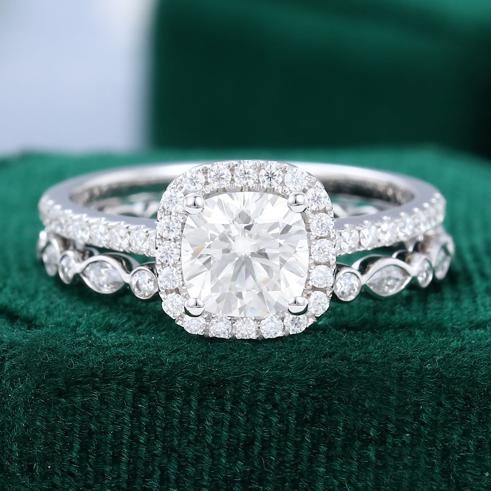 Cushion Moissanite Halo Bridal Ring Set - Main Image