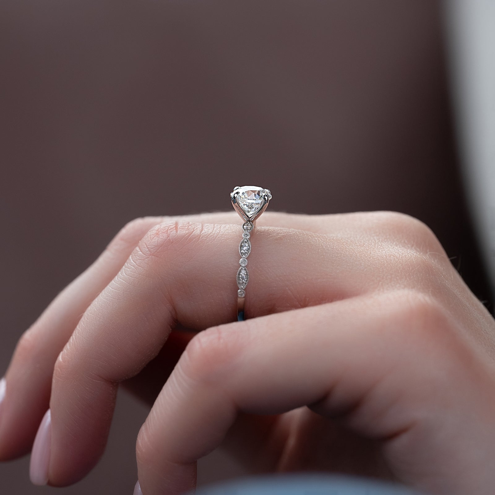 Milgrain Pave Engagement Ring Featuring 2.0 CT Round Moissanite 5