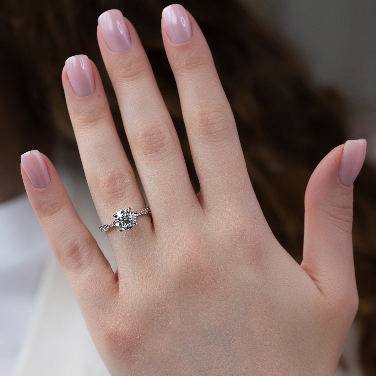 Milgrain Pave Engagement Ring Featuring 2.0 CT Round Moissanite 3