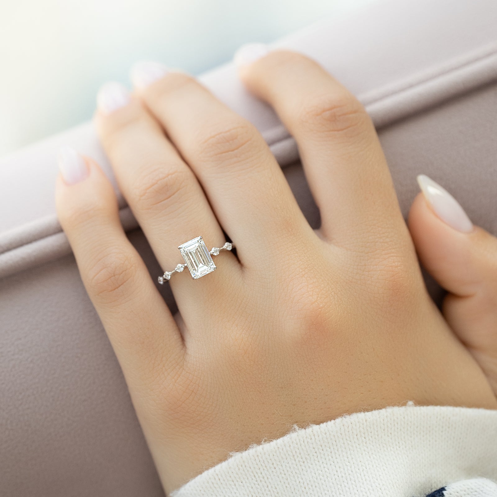 Dainty Pave Engagement Ring Featuring 2.0 CT Emerald Moissanite 3