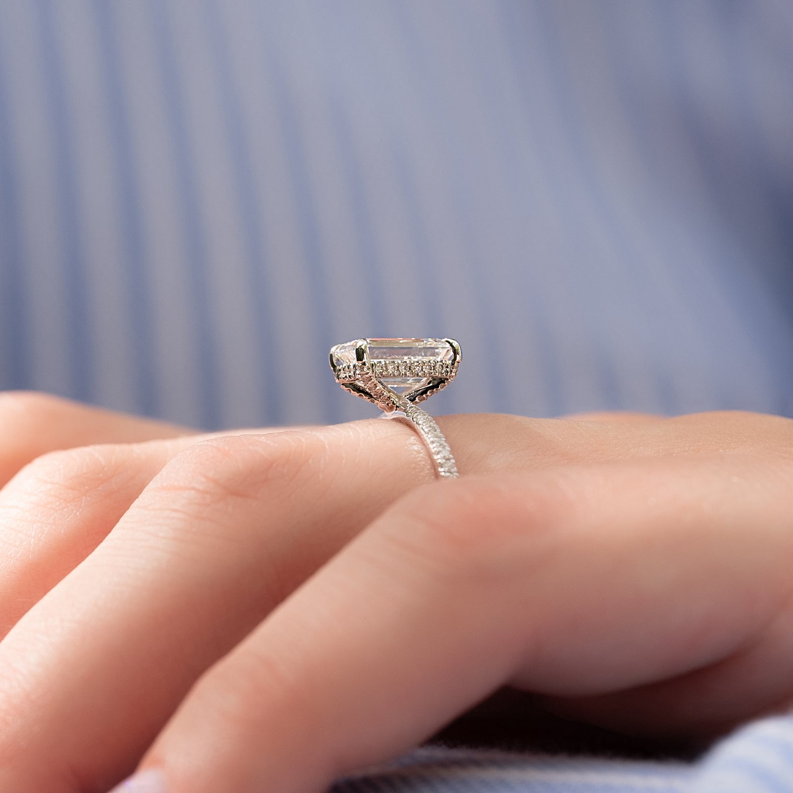 Hidden Halo & Pave Engagement Ring Featuring 2.0 CT Emerald Moissanite 4