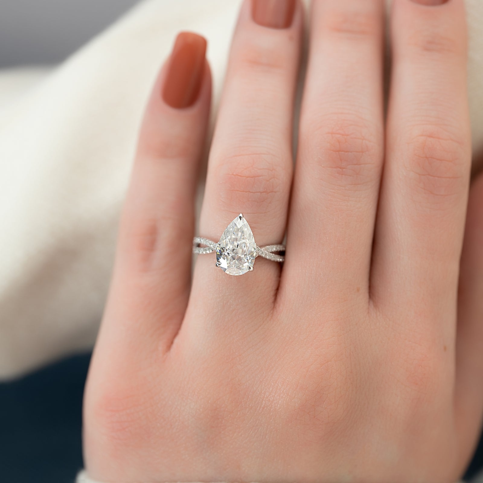 Hidden Halo Criss Cross Pave Engagement Ring Featuring 3.0 CT Pear Moissanite 3