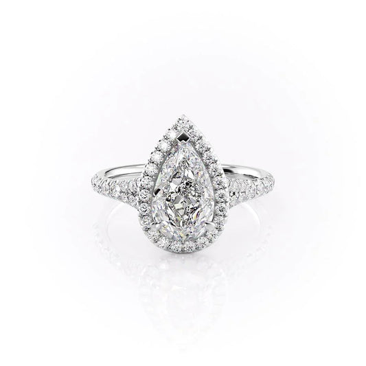 Halo & Split Shank Engagement Ring Featuring 1.0 CT Pear Moissanite 1