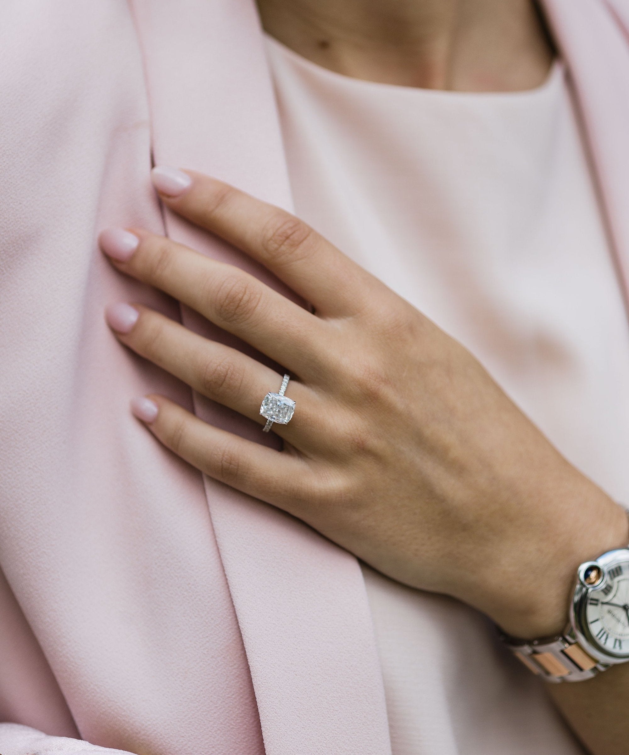 3.15 CT Elongated Crushed Ice Cushion Solitaire Hidden Halo Moissanite Engagement Ring 2