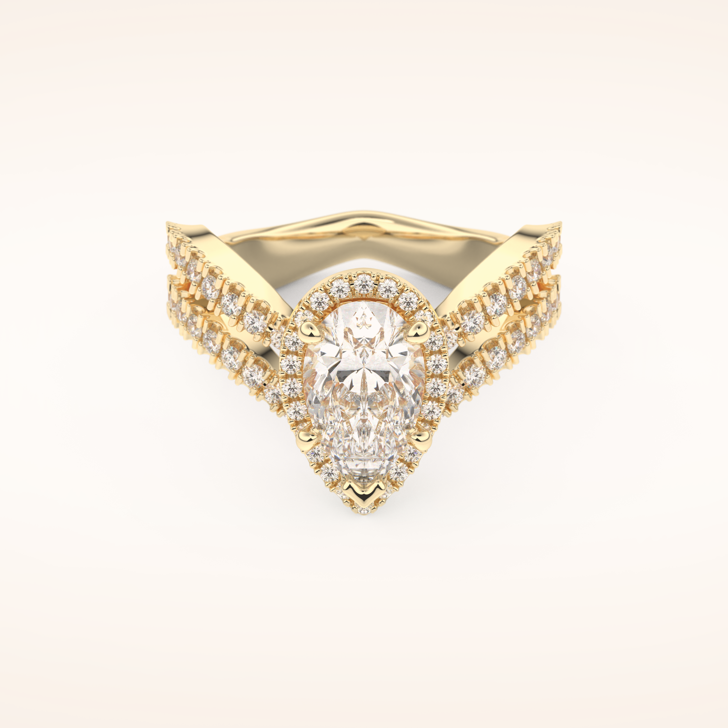 1.5 CT Pear Shaped Halo & Pave Curved Split Shank Moissanite Engagement Ring