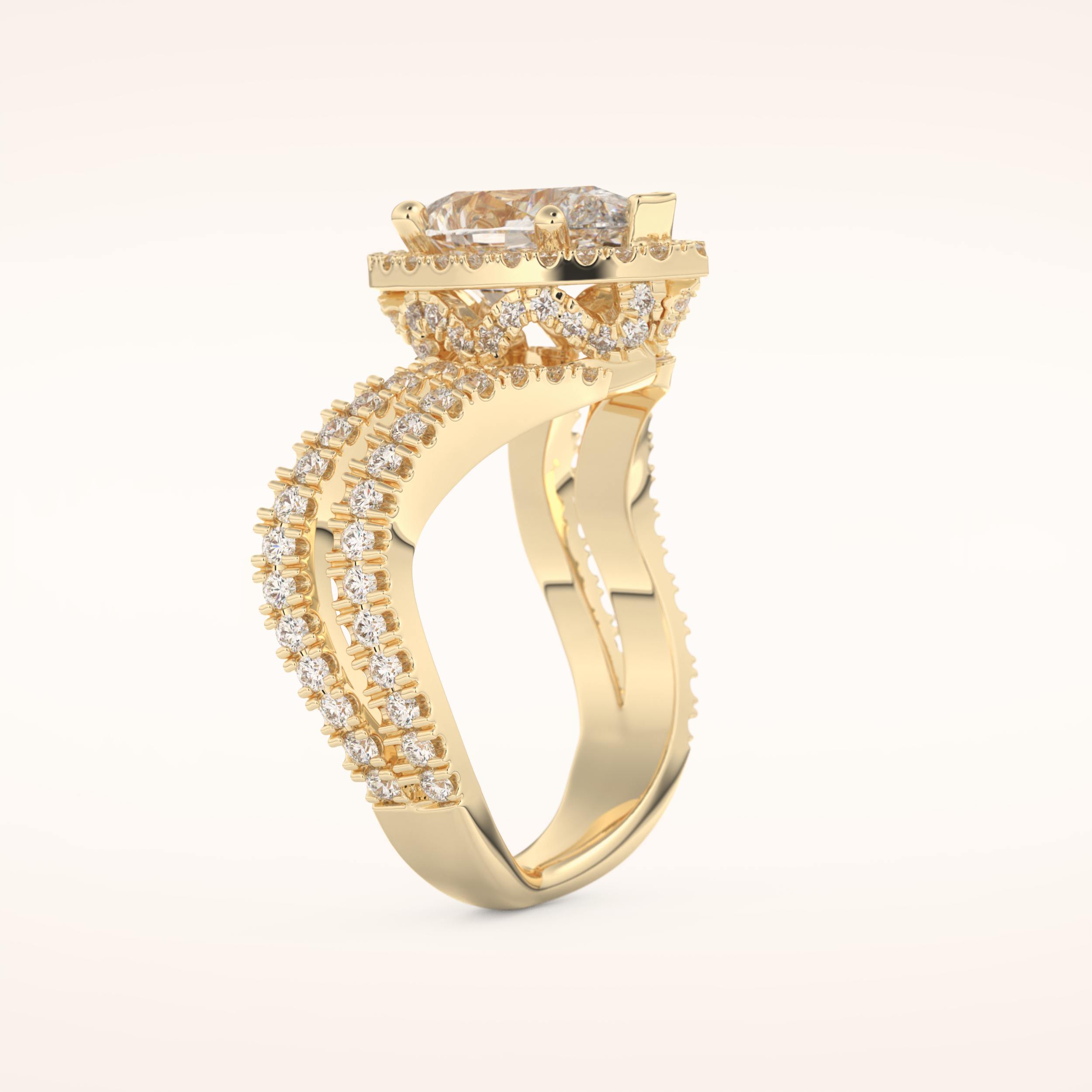 1.5 CT Pear Shaped Halo & Pave Curved Split Shank Moissanite Engagement Ring