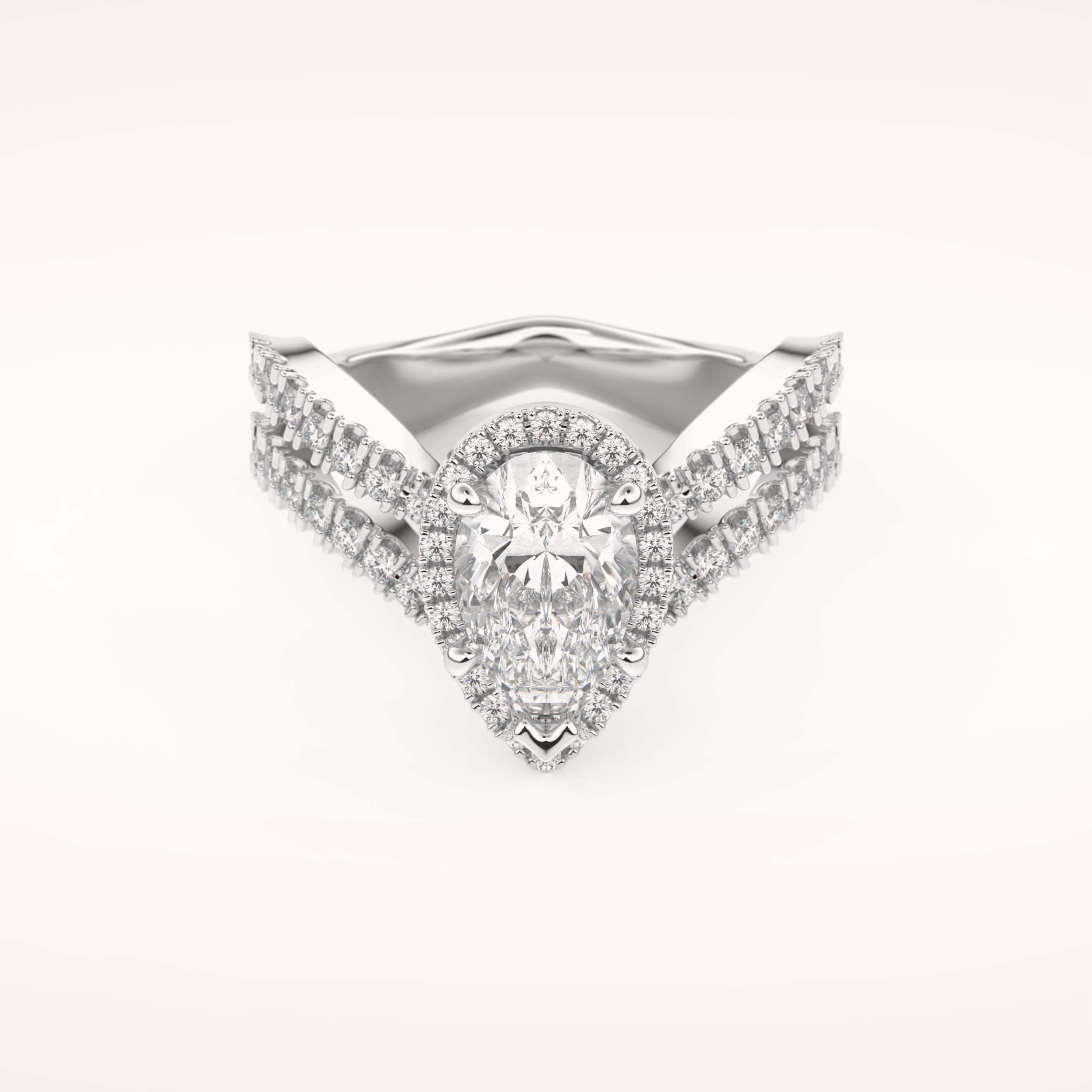 1.5 CT Pear Shaped Halo & Pave Curved Split Shank Moissanite Engagement Ring