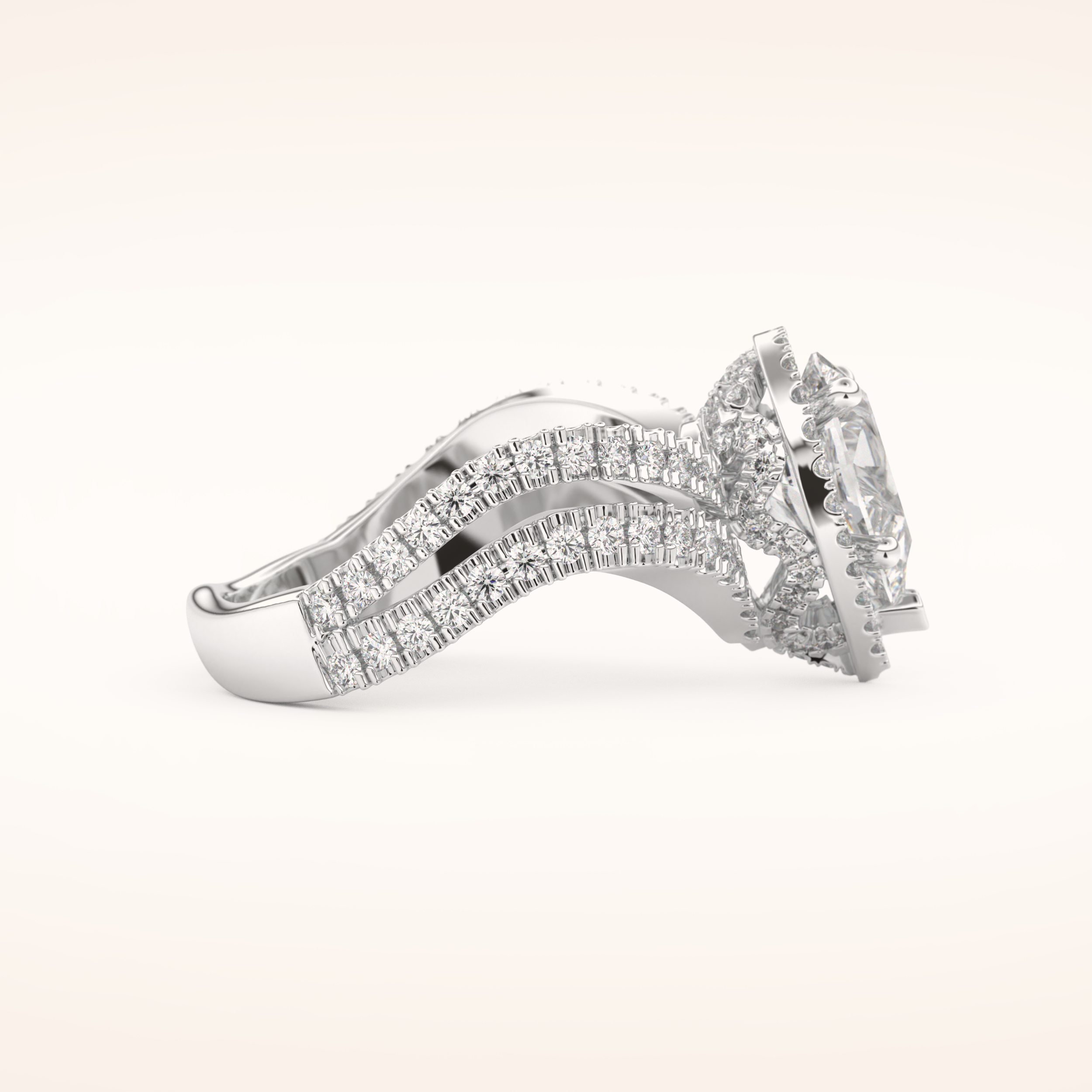1.5 CT Pear Shaped Halo & Pave Curved Split Shank Moissanite Engagement Ring