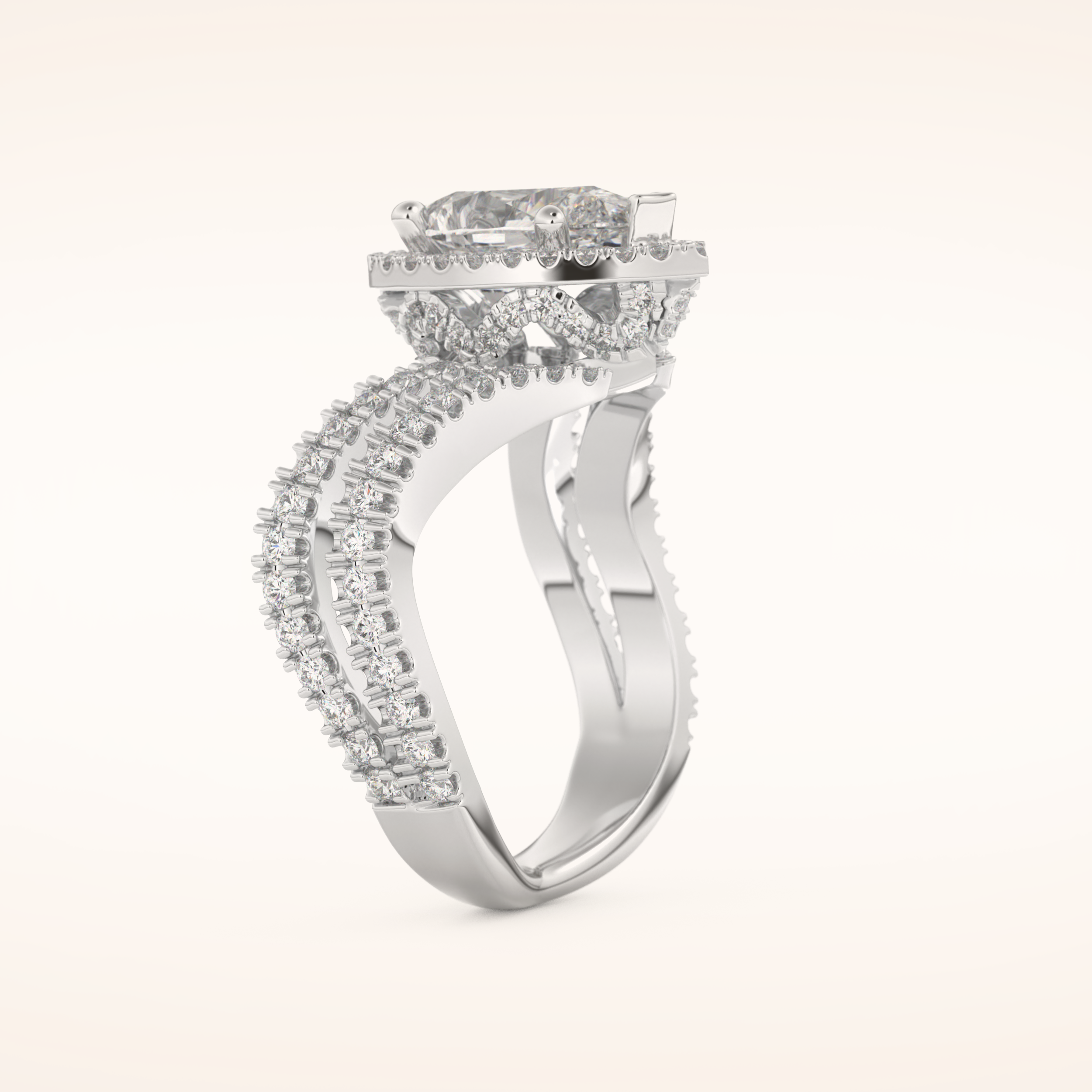 1.5 CT Pear Shaped Halo & Pave Curved Split Shank Moissanite Engagement Ring