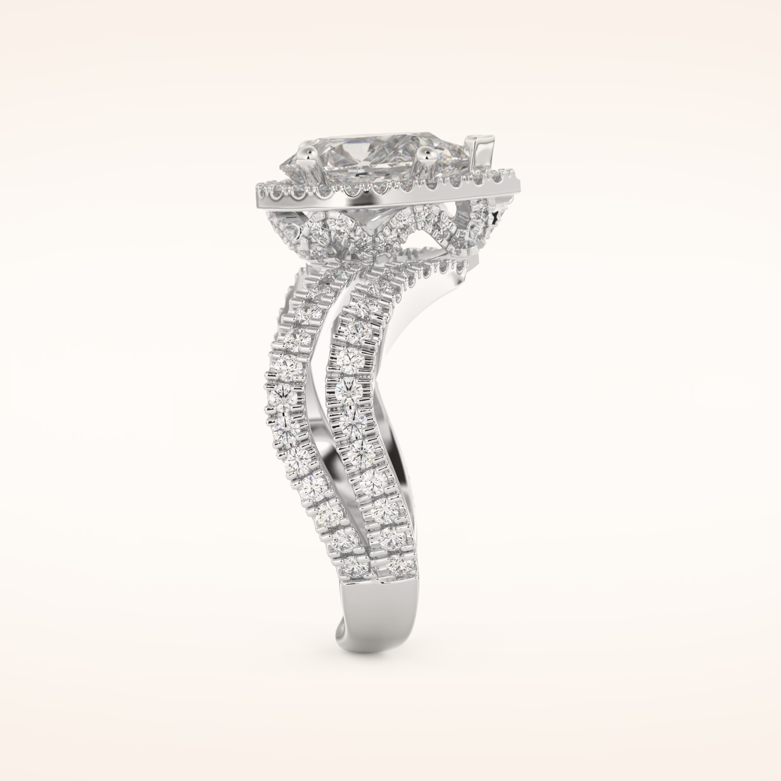 1.5 CT Pear Shaped Halo & Pave Curved Split Shank Moissanite Engagement Ring