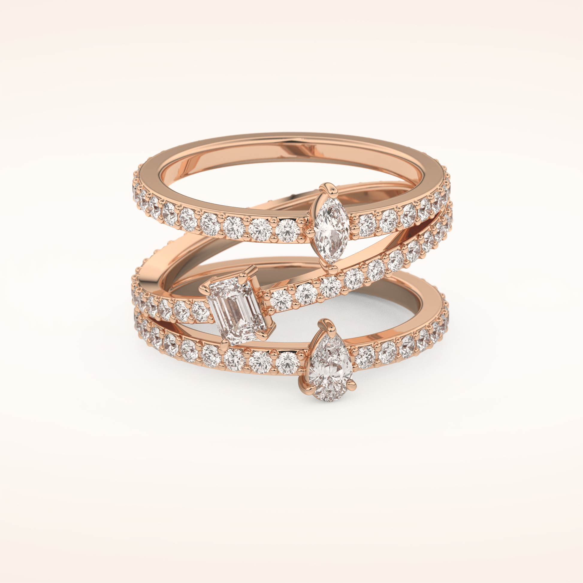 1.73 TCW Emerald, Marquise, Pear & Round Shaped Moissanite Triple Shank Wedding Band