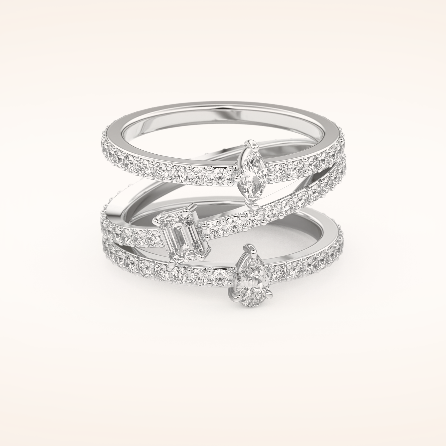 1.73 TCW Emerald, Marquise, Pear & Round Shaped Moissanite Triple Shank Wedding Band