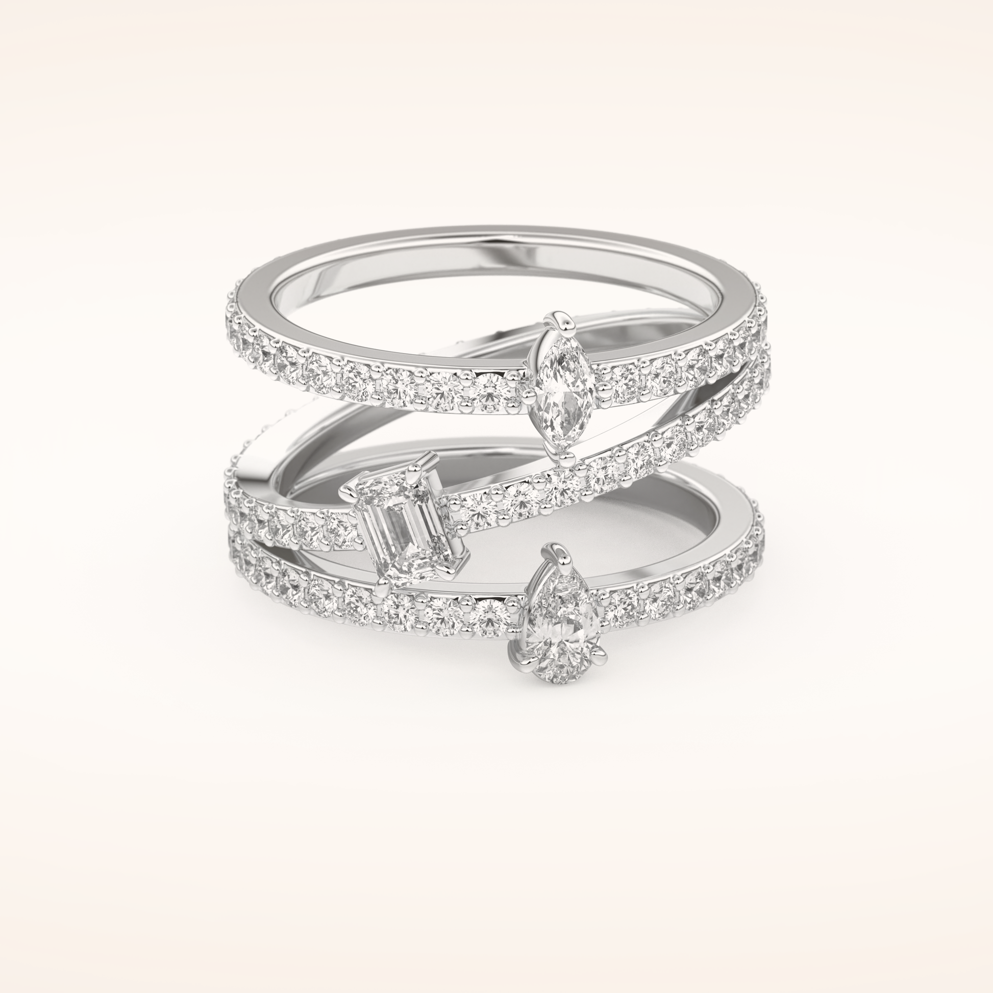 1.73 TCW Emerald, Marquise, Pear & Round Shaped Moissanite Triple Shank Wedding Band