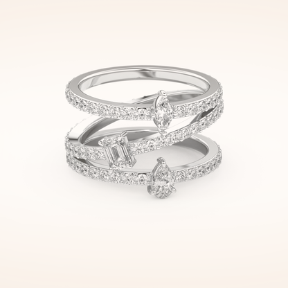 1.73 TCW Emerald, Marquise, Pear & Round Shaped Moissanite Triple Shank Wedding Band