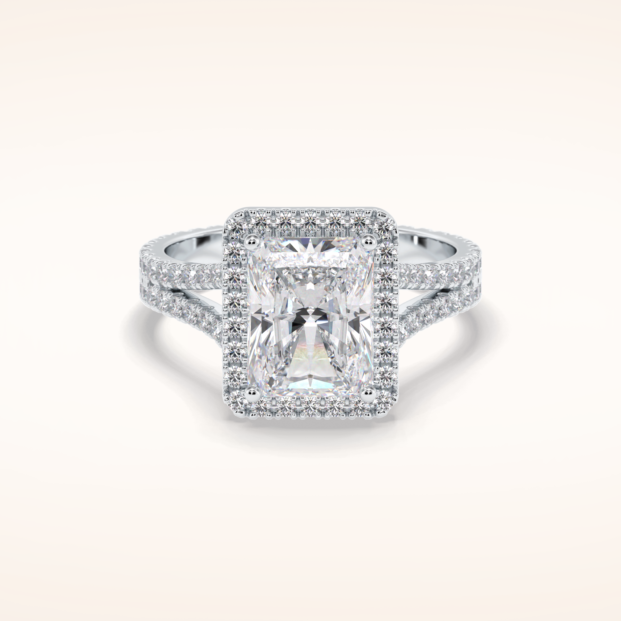 3.05 CT Radiant Shaped Halo & Pave Split Shank Moissanite Engagement Ring