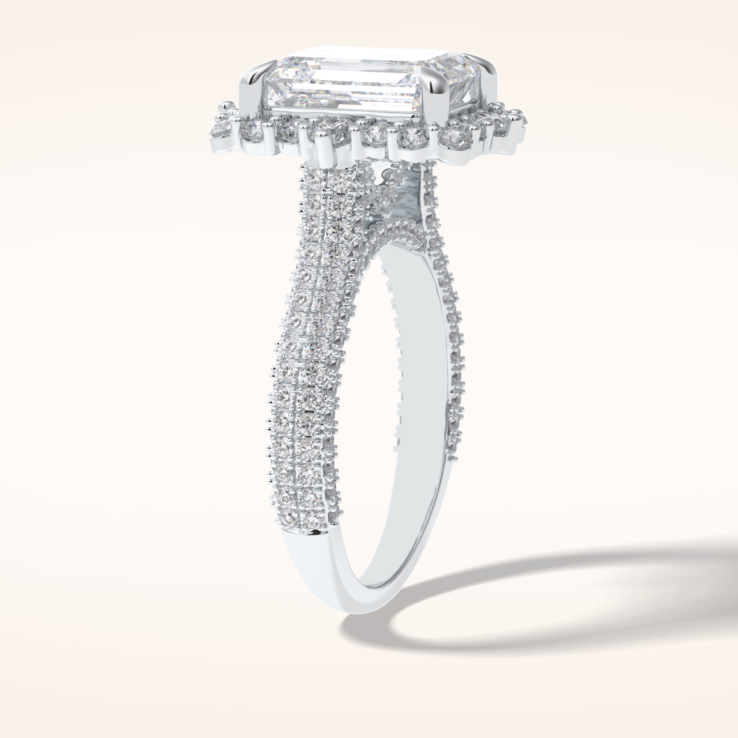 3 CT Emerald Shaped Halo & Pave Moissanite Engagement Ring