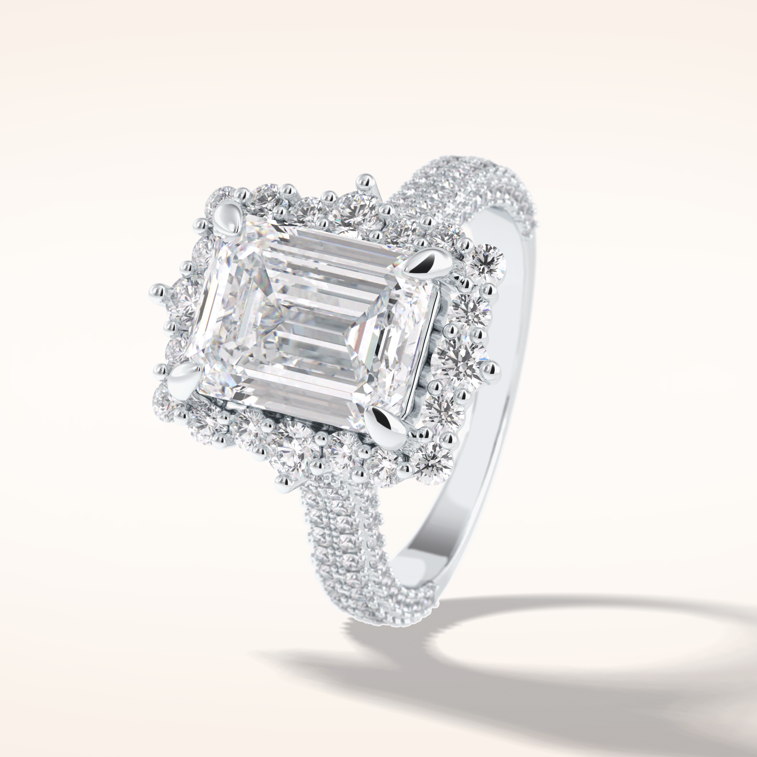 3 CT Emerald Shaped Halo & Pave Moissanite Engagement Ring