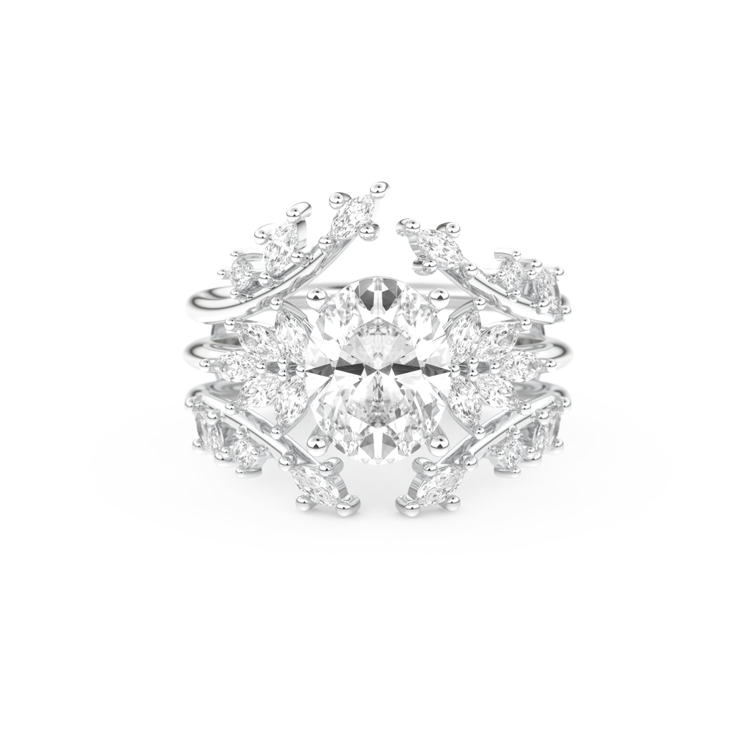 Oval Cut Moissanite Bridal Set with Cluster Settings– 1.67 CT Center, 0.45 TCW Accents 1