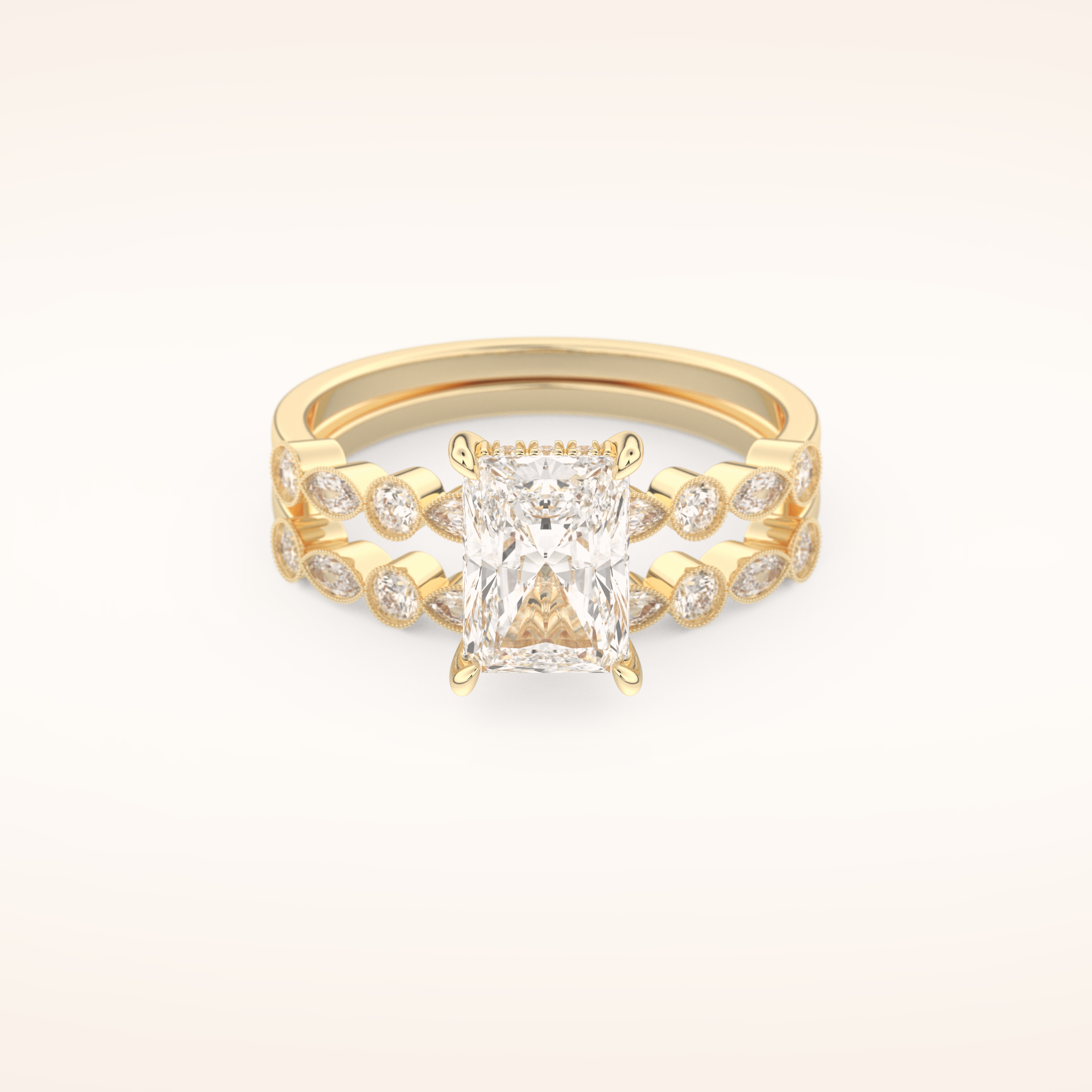 1.56 CT Radiant Cut Hidden Halo & Pave Moissanite Bridal Set