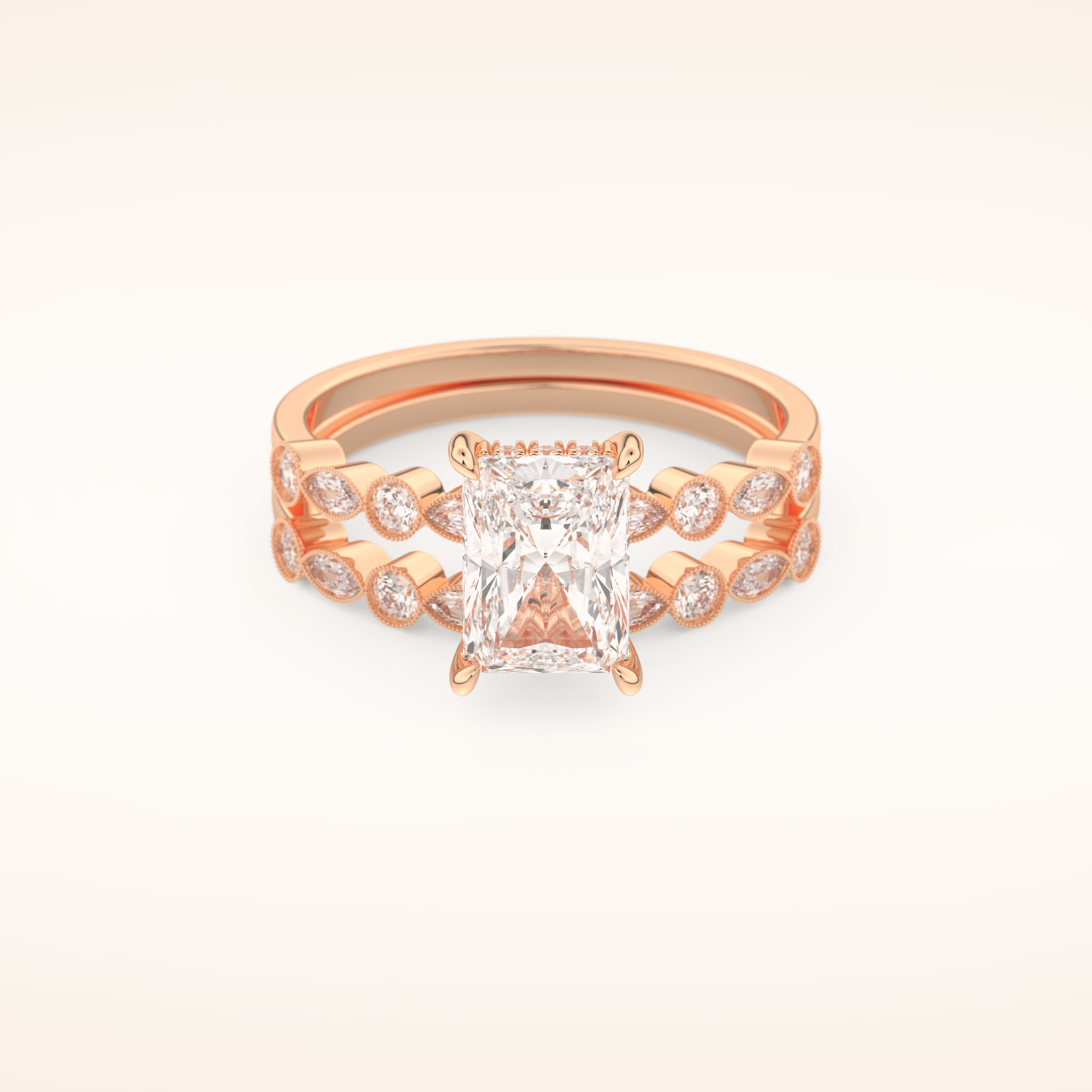 1.56 CT Radiant Cut Hidden Halo & Pave Moissanite Bridal Set