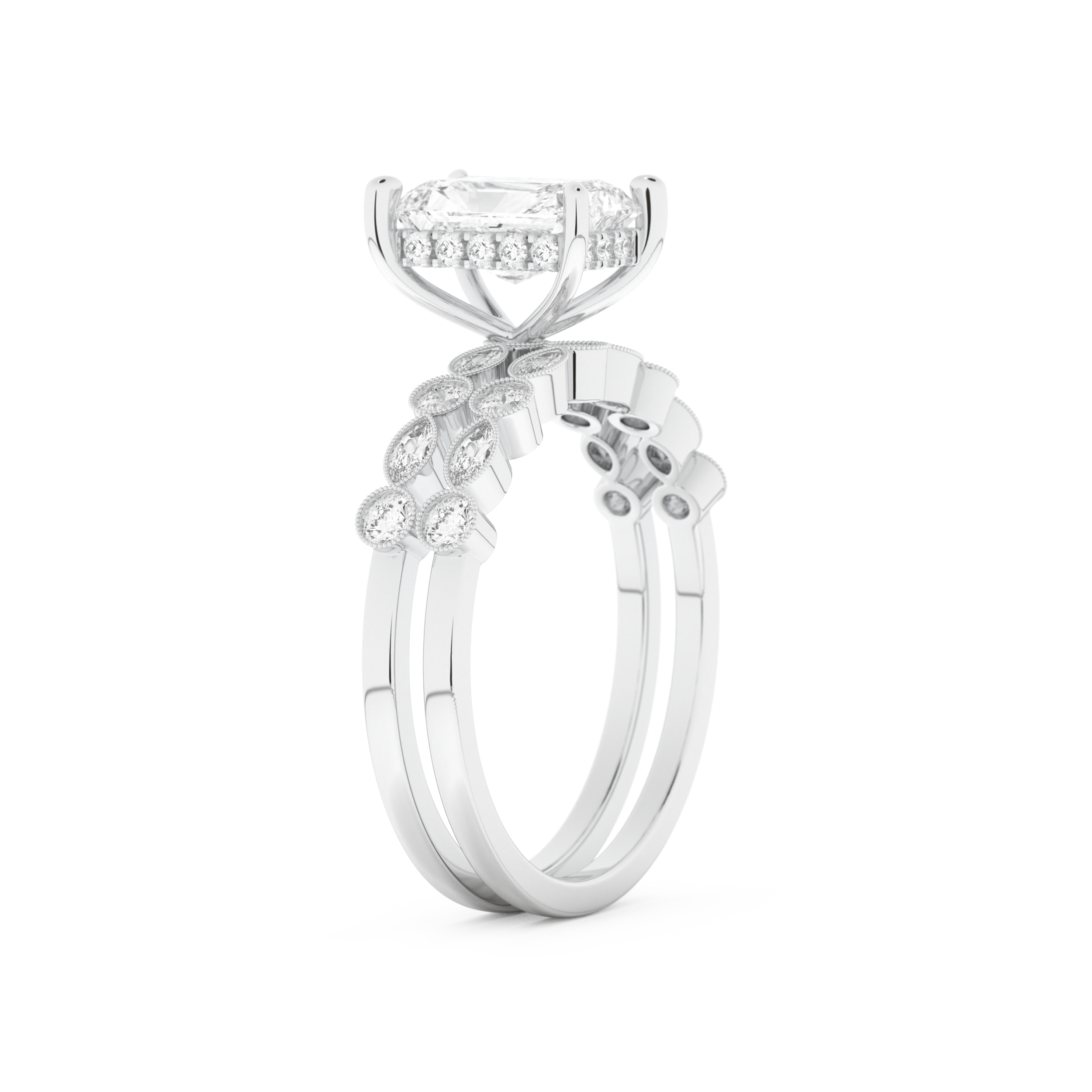 Radiant Cut Moissanite Bridal Set with Pave Settings– 1.56 CT Center, 0.53 TCW Accents 3