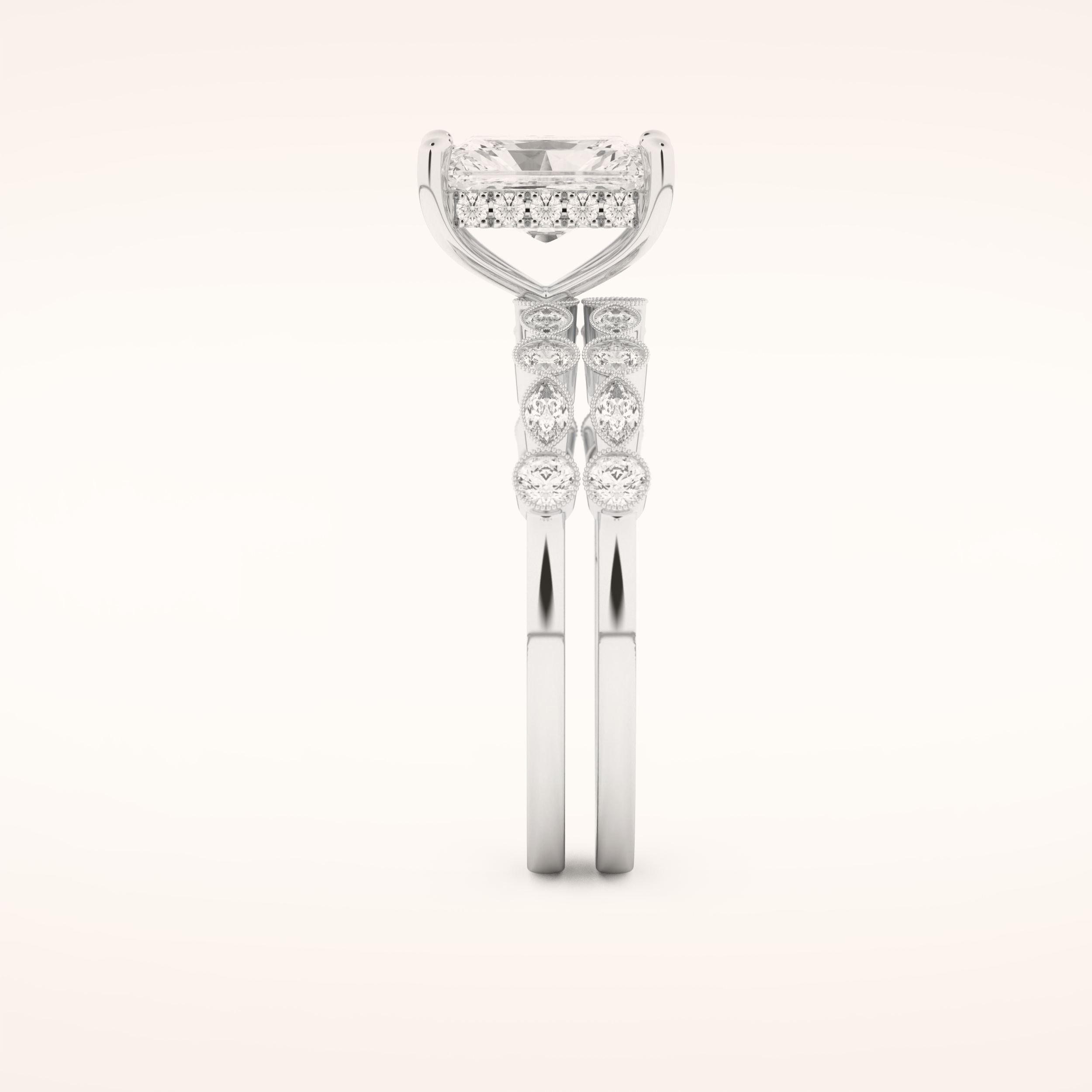 1.56 CT Radiant Cut Hidden Halo & Pave Moissanite Bridal Set