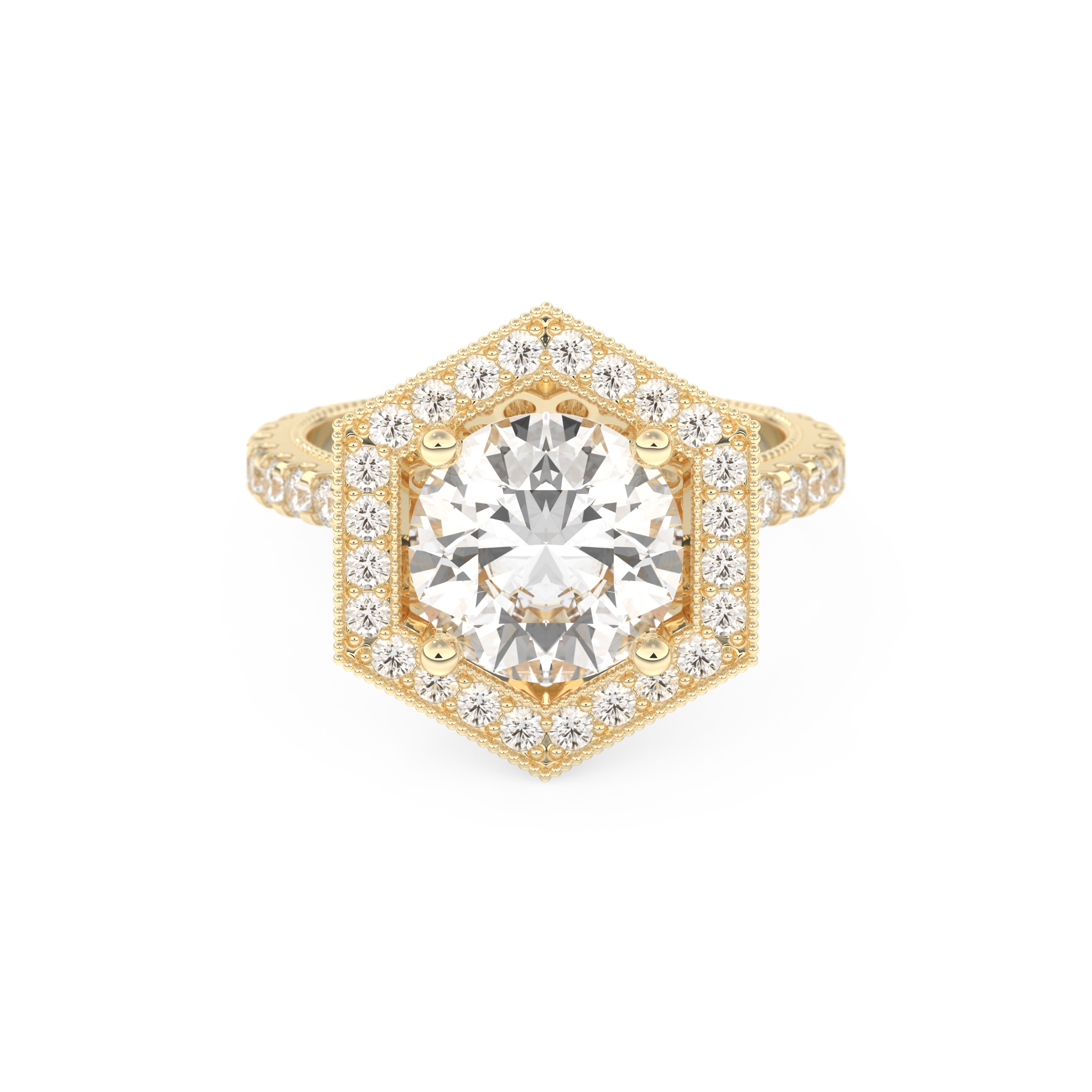 Elongated Round Cut 2.43 Carat Moissanite Ring – Hidden Halo & Pave Setting in Gold
