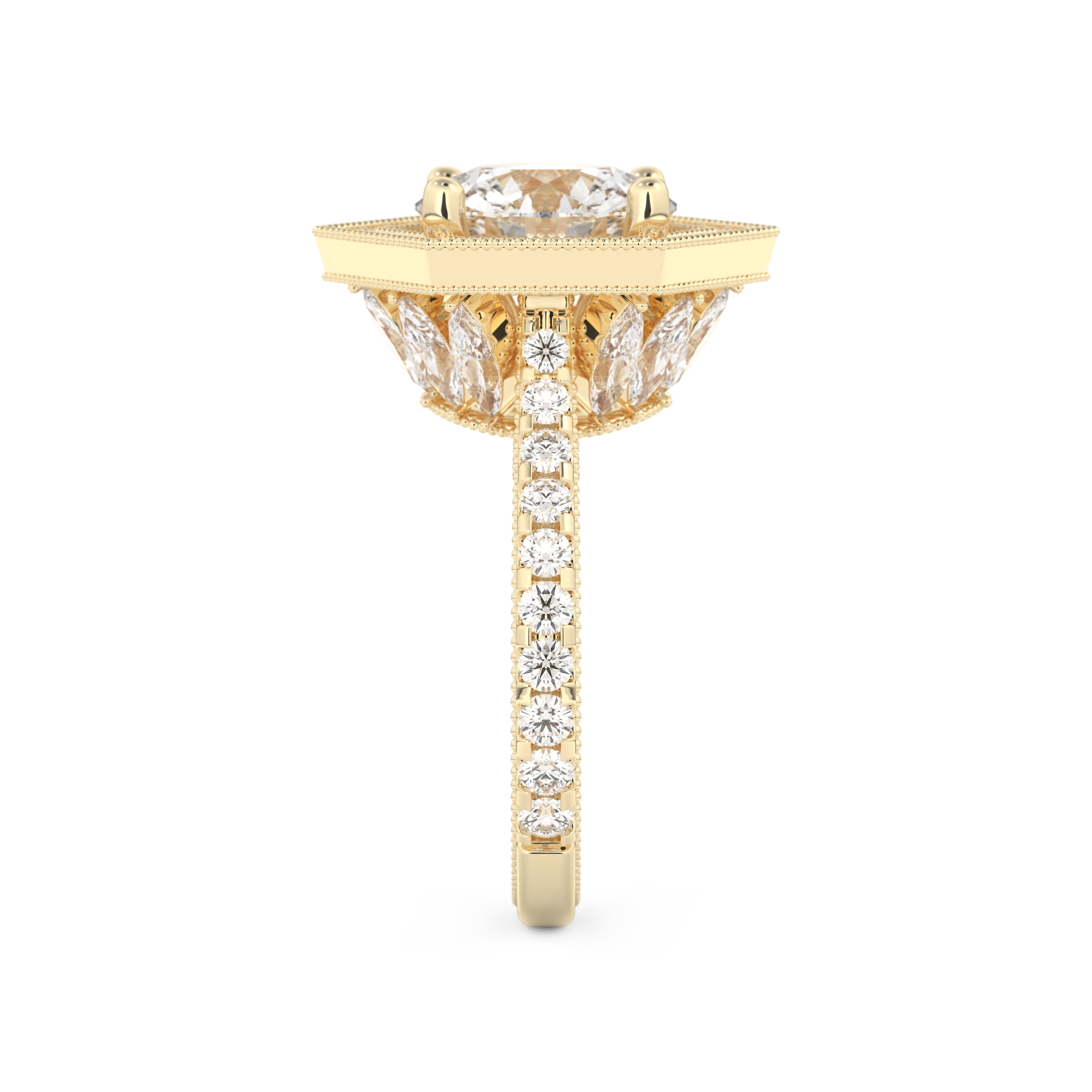 Elongated Round Cut 2.43 Carat Moissanite Ring – Hidden Halo & Pave Setting in Gold