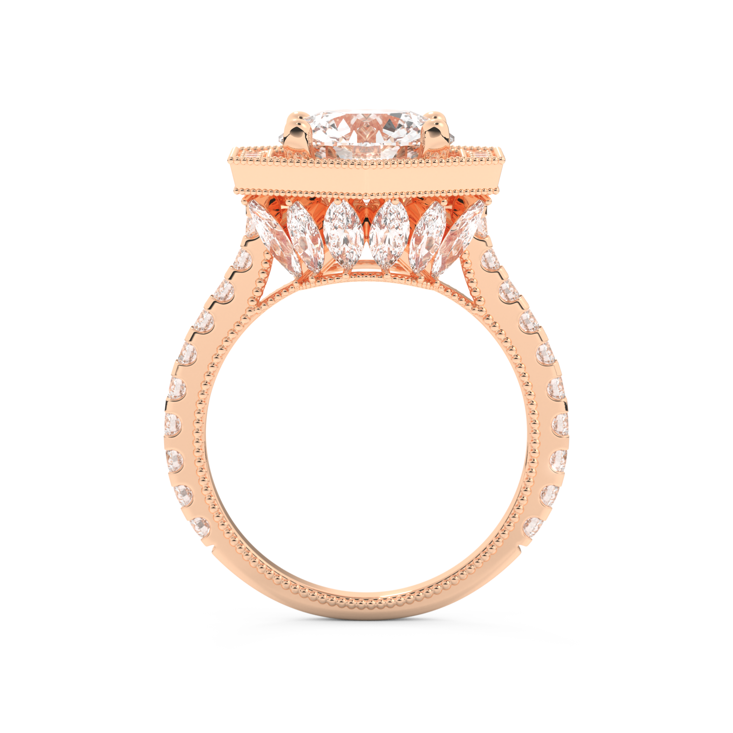 Elongated Round Cut 2.43 Carat Moissanite Ring – Hidden Halo & Pave Setting in Gold