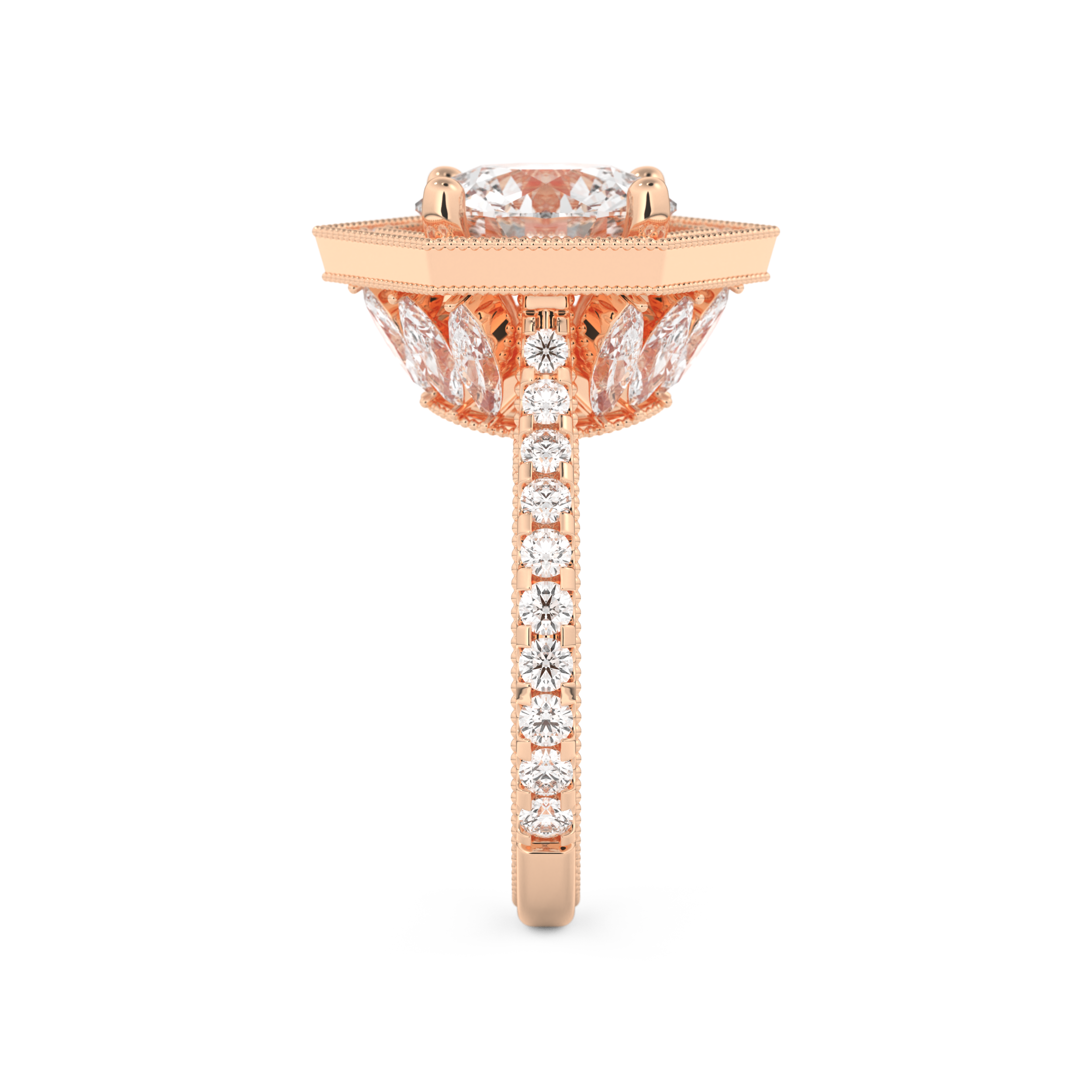 Elongated Round Cut 2.43 Carat Moissanite Ring – Hidden Halo & Pave Setting in Gold