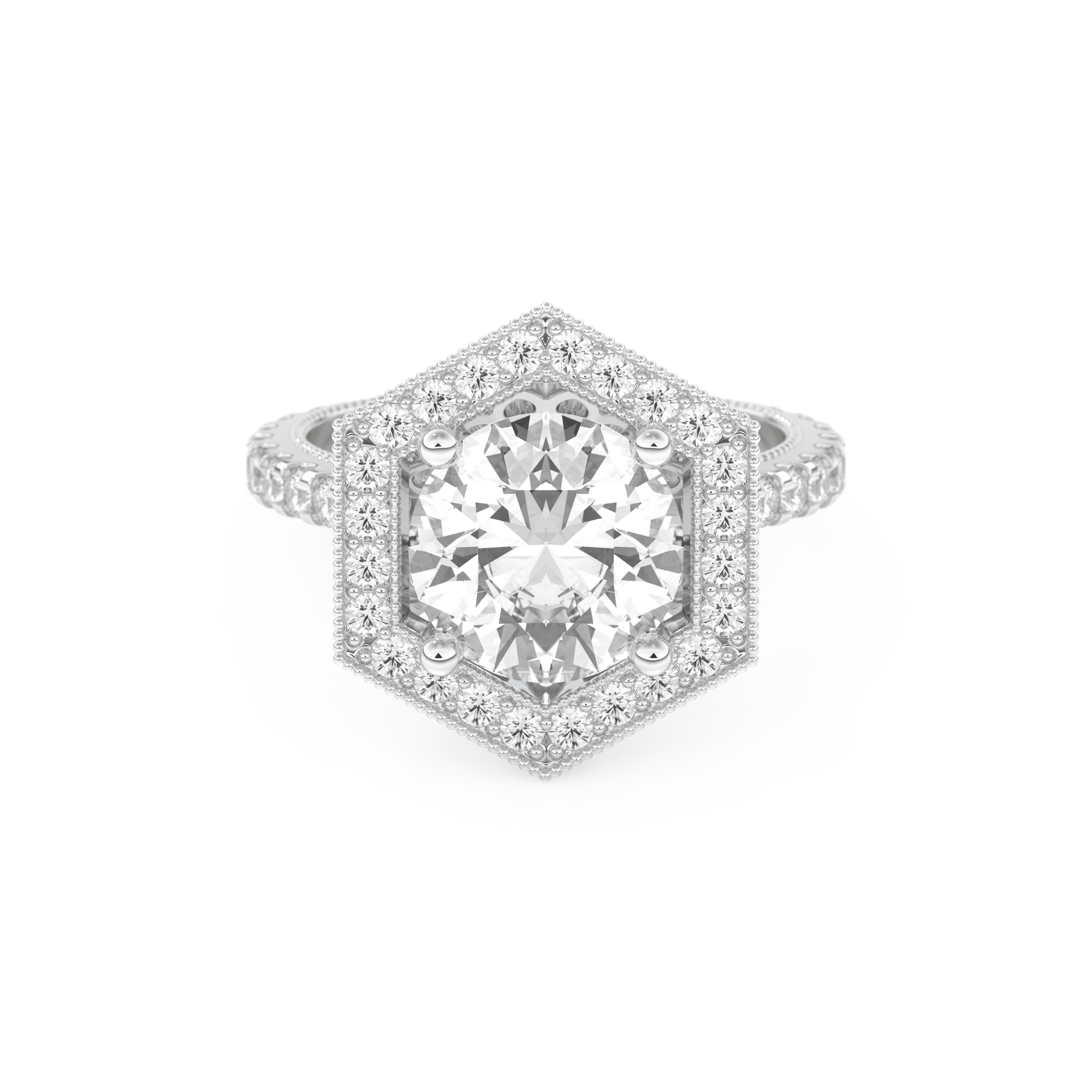 Elongated Round Cut 2.43 Carat Moissanite Ring – Hidden Halo & Pave Setting in Gold