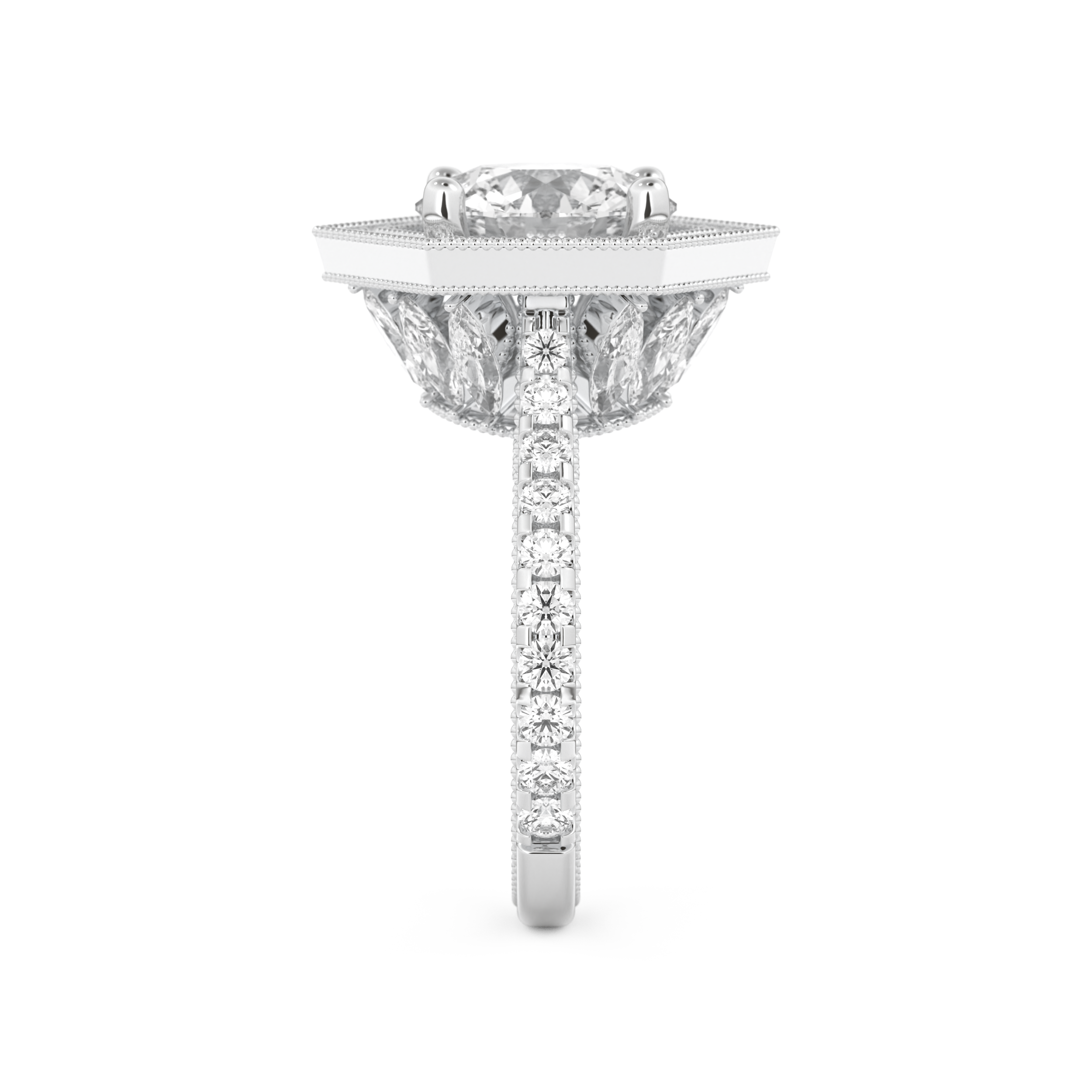 Elongated Round Cut 2.43 Carat Moissanite Ring – Hidden Halo & Pave Setting in Gold