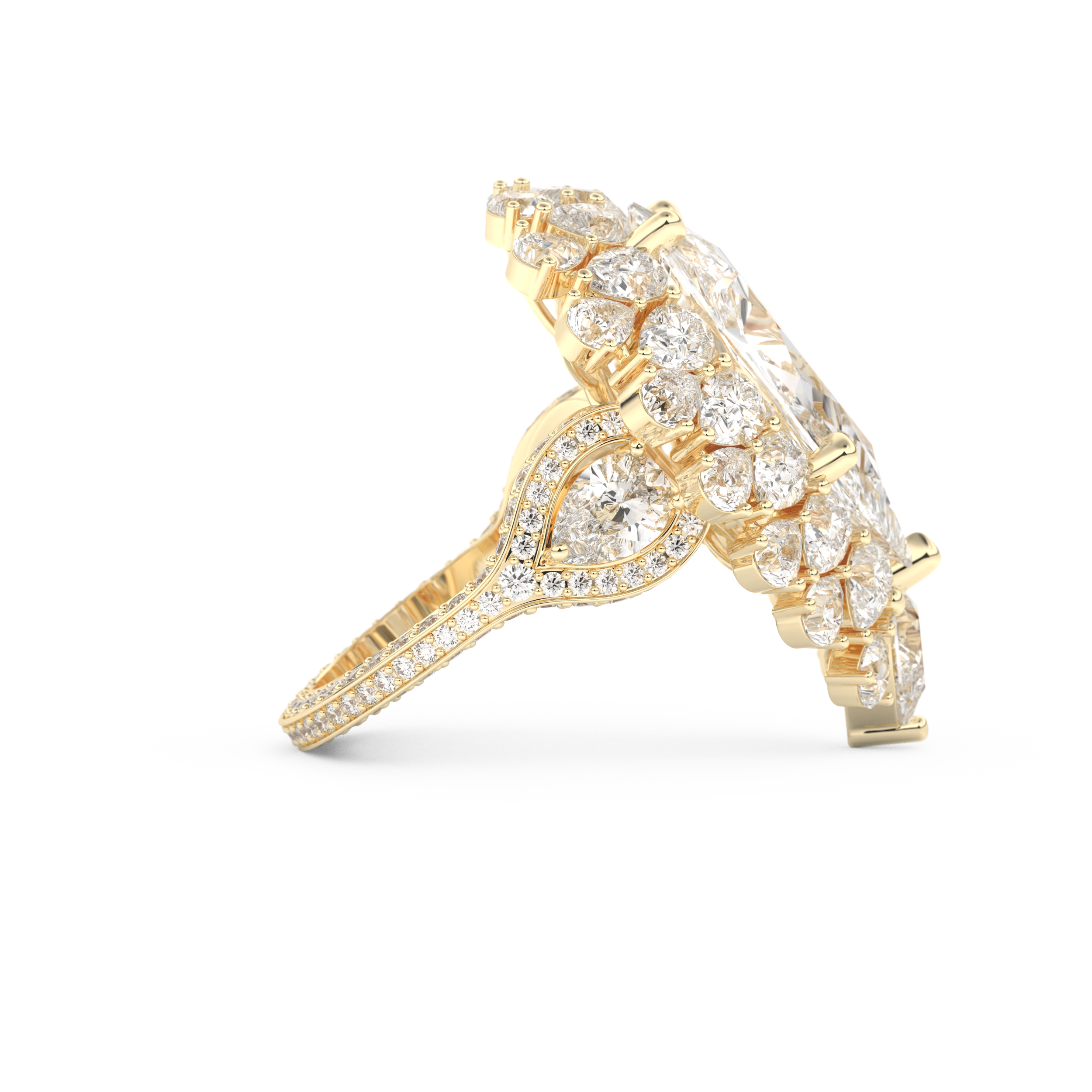 Elongated Pear Cut 7.97 Carat Moissanite Ring – Hidden Halo & Pave Setting in Gold