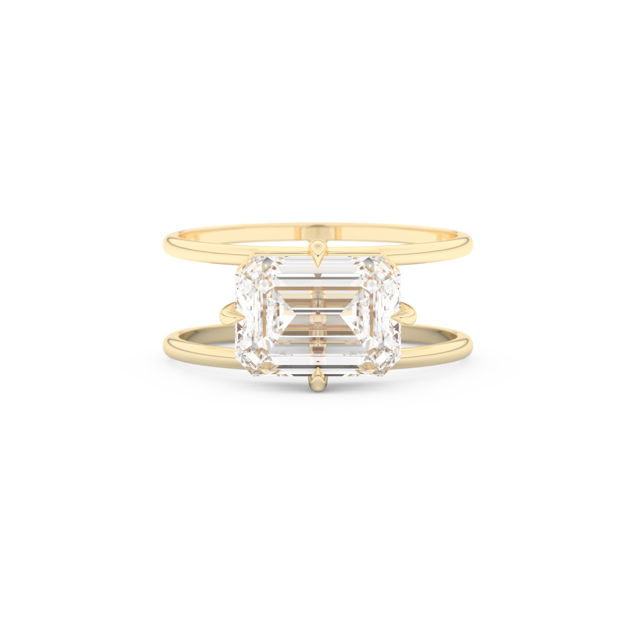 Elongated Emerald Cut 2.51 Carat Moissanite Ring – Solitaire & Double Shank Setting in Gold