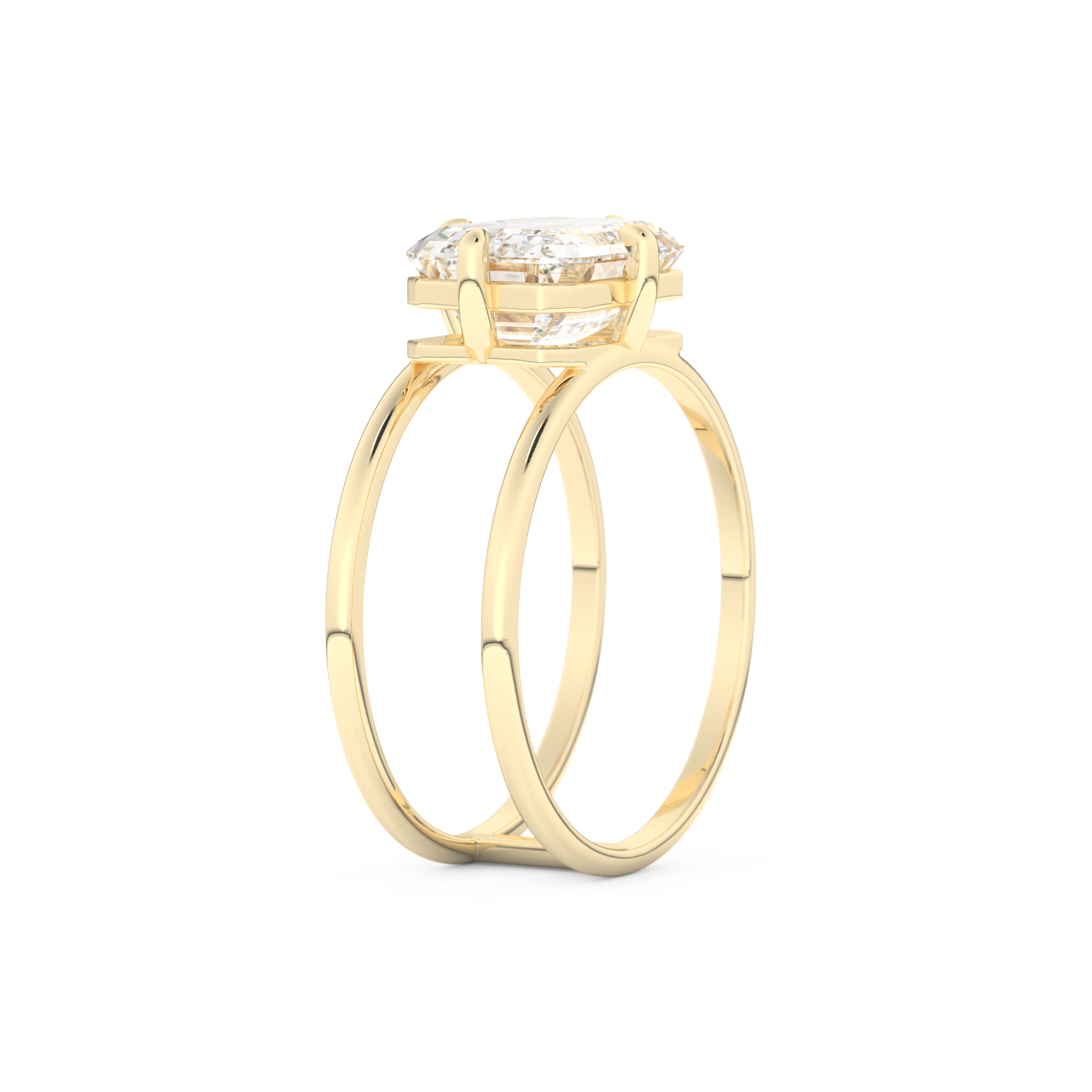 Elongated Emerald Cut 2.51 Carat Moissanite Ring – Solitaire & Double Shank Setting in Gold