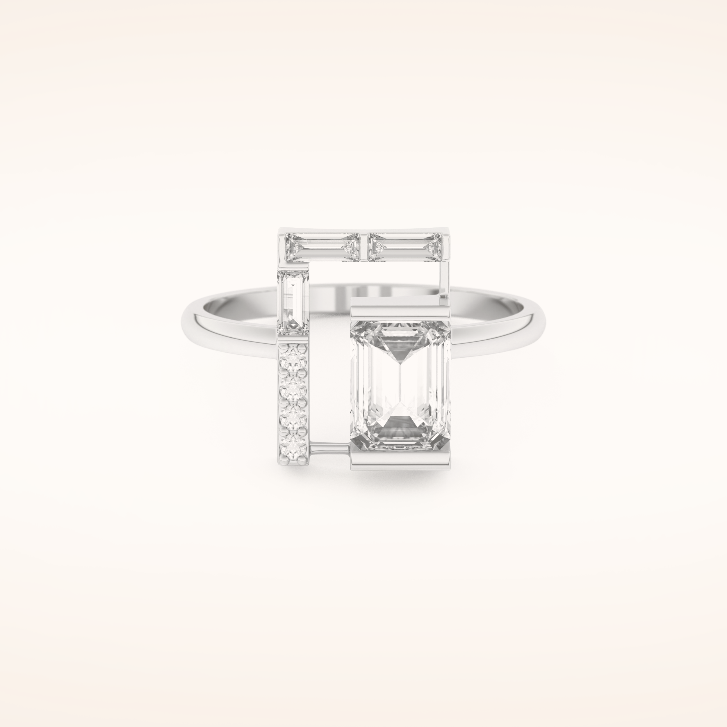 1 TCW Round, Emerald & Baguette Shaped Unique Moissanite Engagement Ring