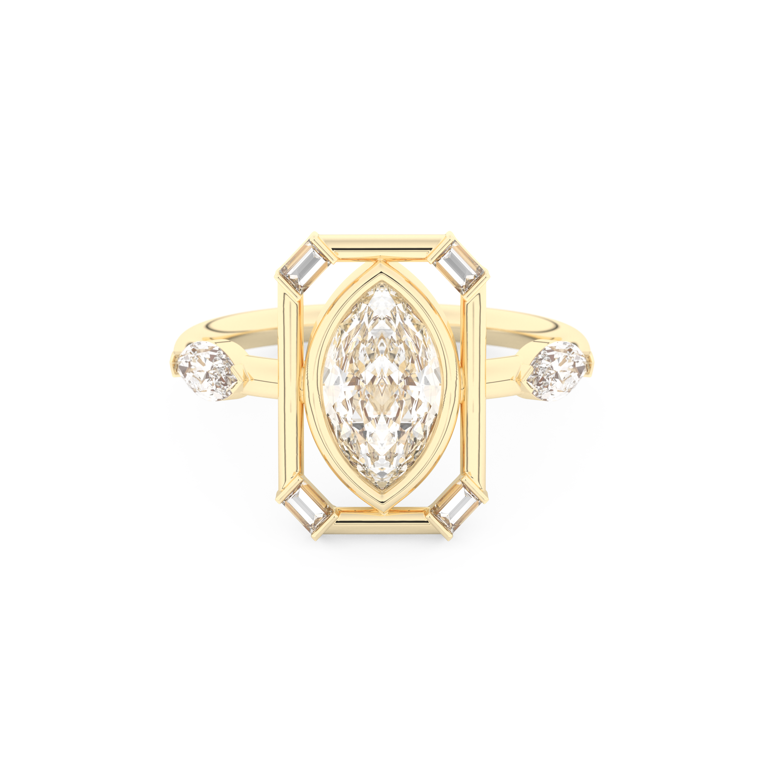 Elongated Marquise Cut 0.88 Carat Moissanite Ring – Bezel Setting in Gold