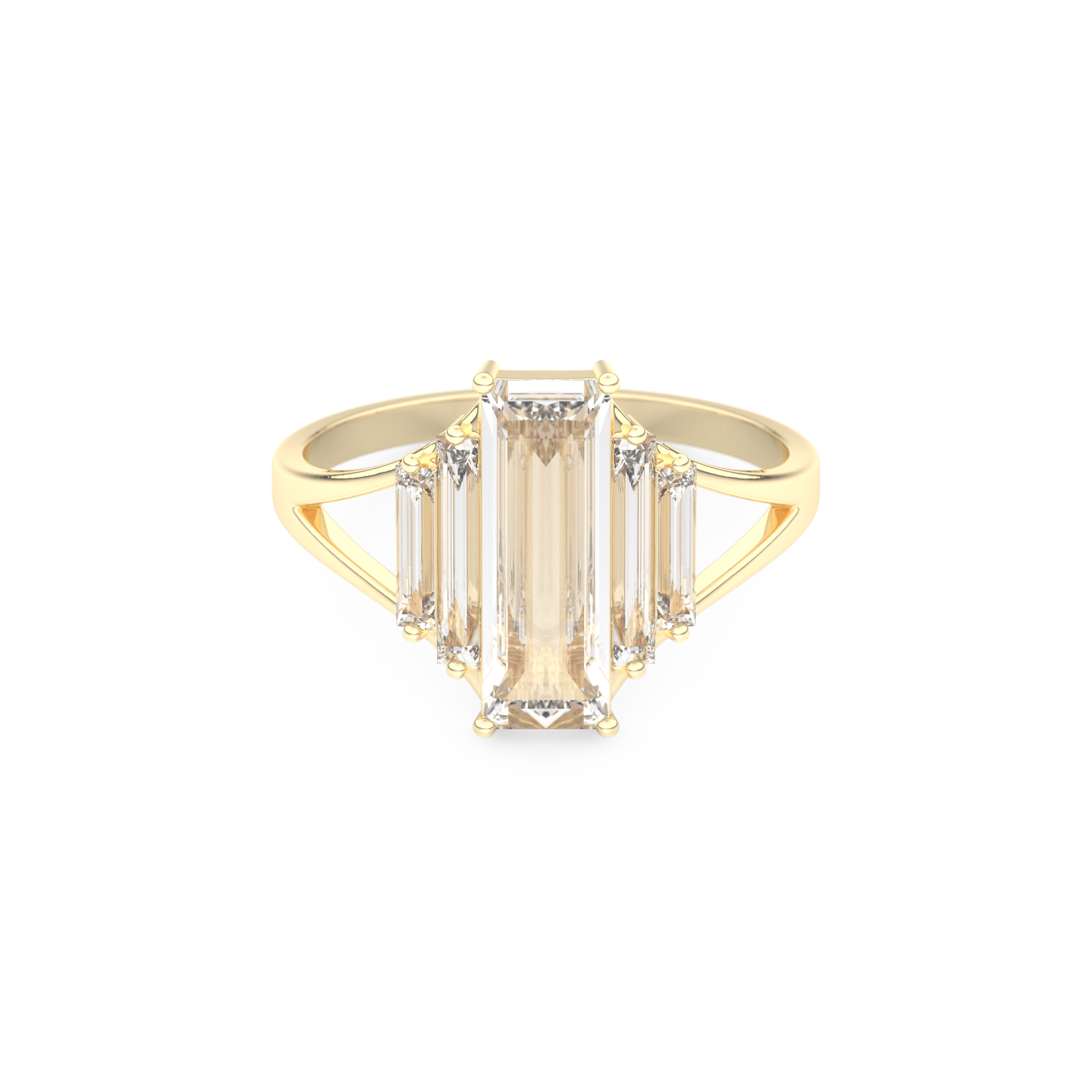 Elongated Baguette Straight Cut 1.0 Carat Moissanite Ring – Three Stones and Split Shank Setting in Gold