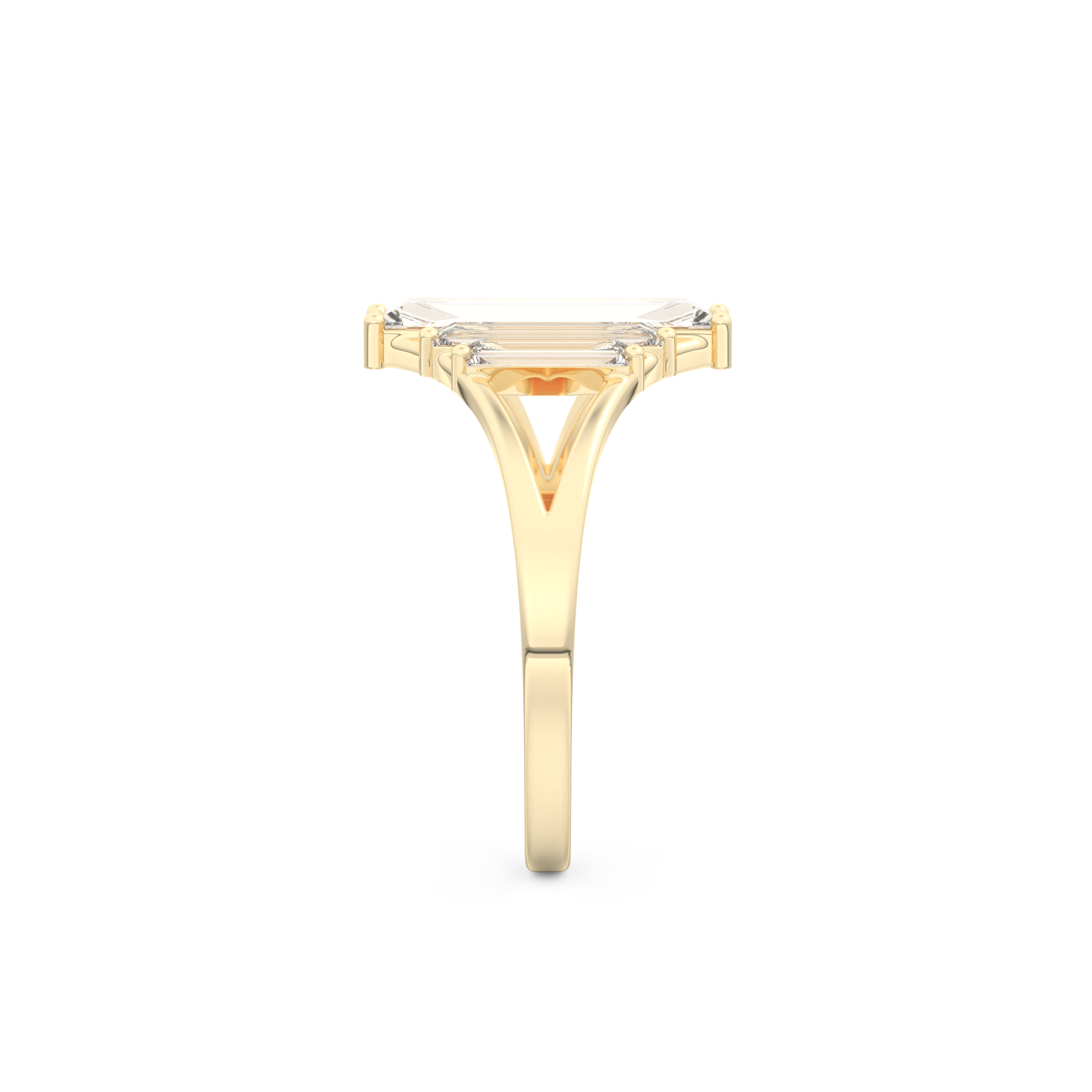 Elongated Baguette Straight Cut 1.0 Carat Moissanite Ring – Three Stones and Split Shank Setting in Gold