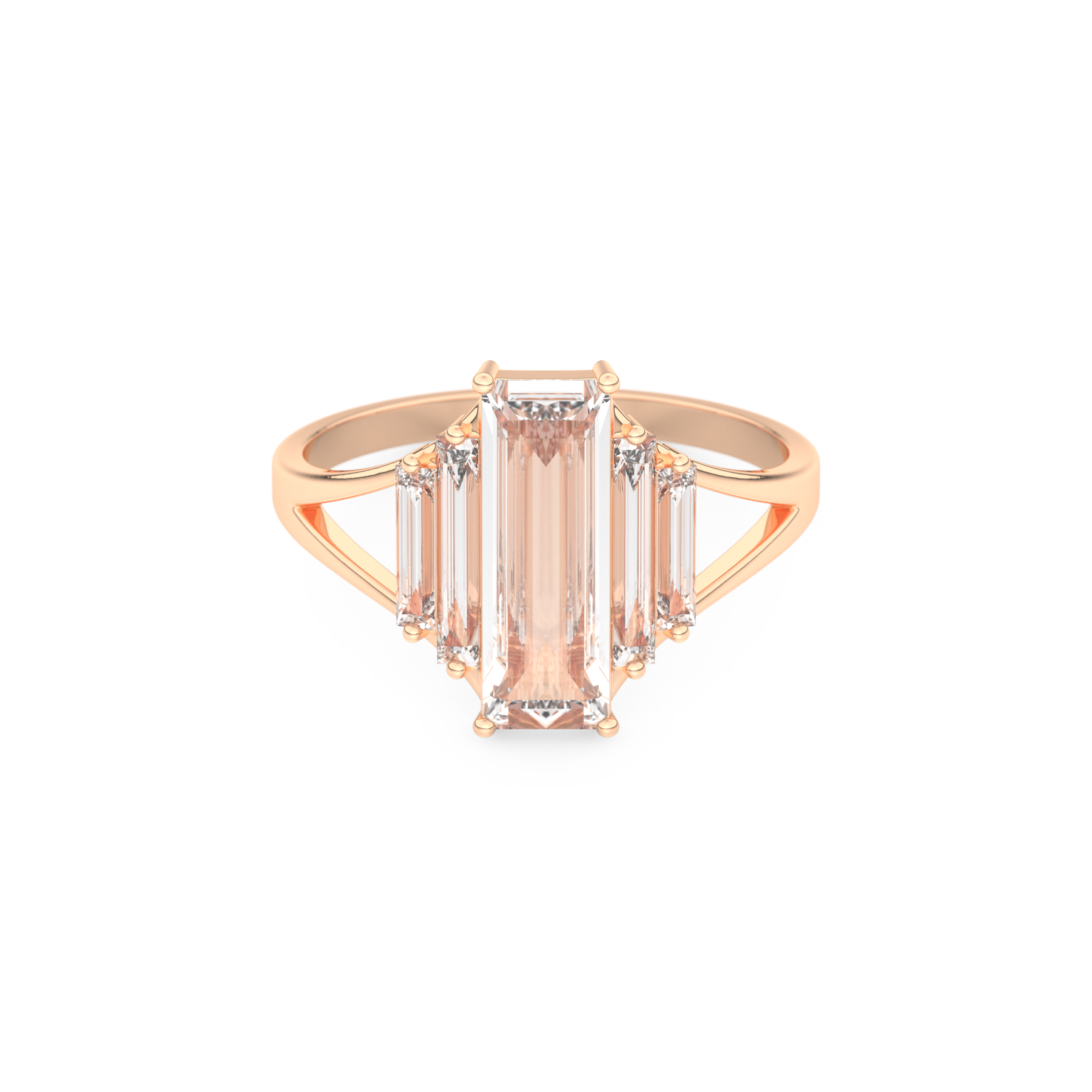 Elongated Baguette Straight Cut 1.0 Carat Moissanite Ring – Three Stones and Split Shank Setting in Gold