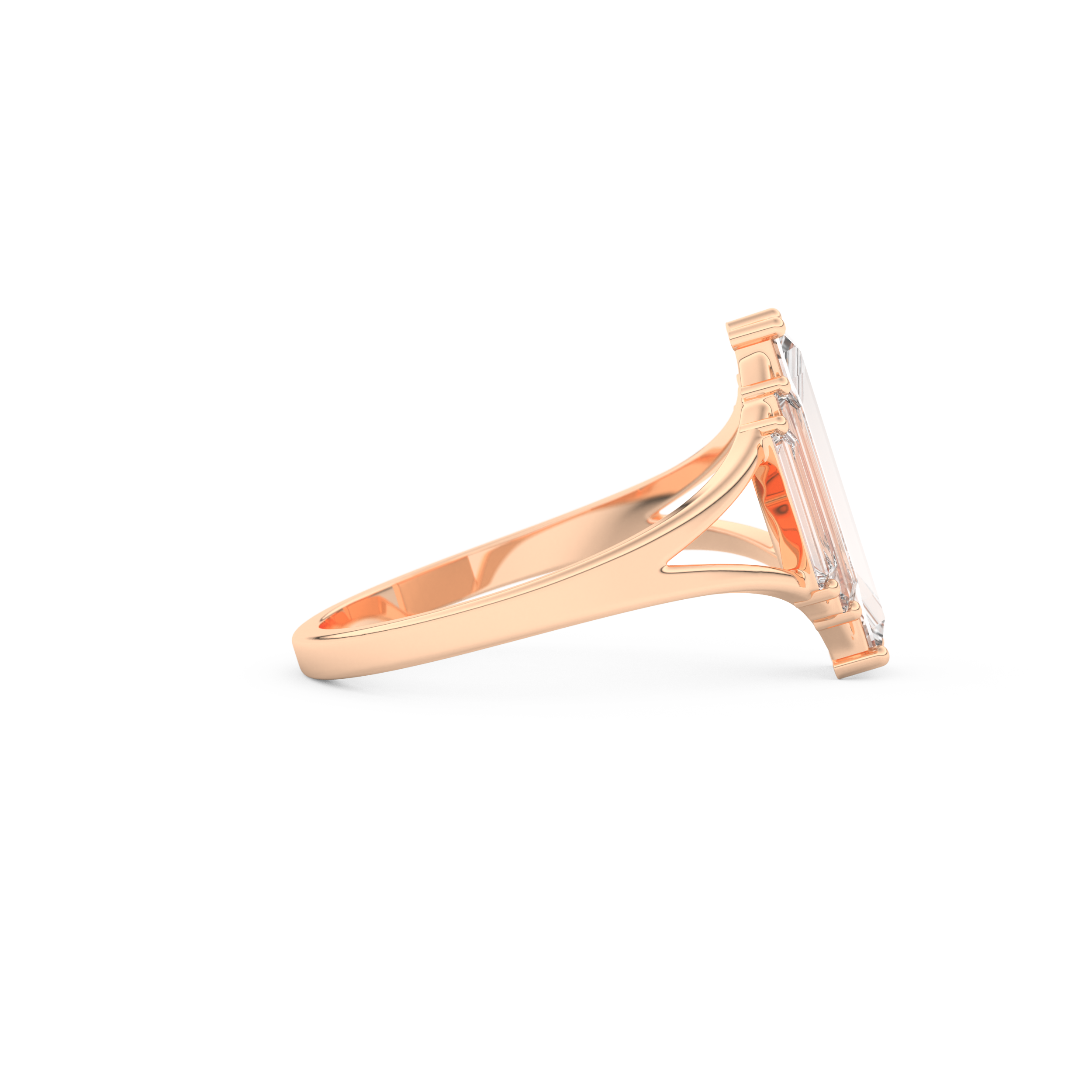 Elongated Baguette Straight Cut 1.0 Carat Moissanite Ring – Three Stones and Split Shank Setting in Gold