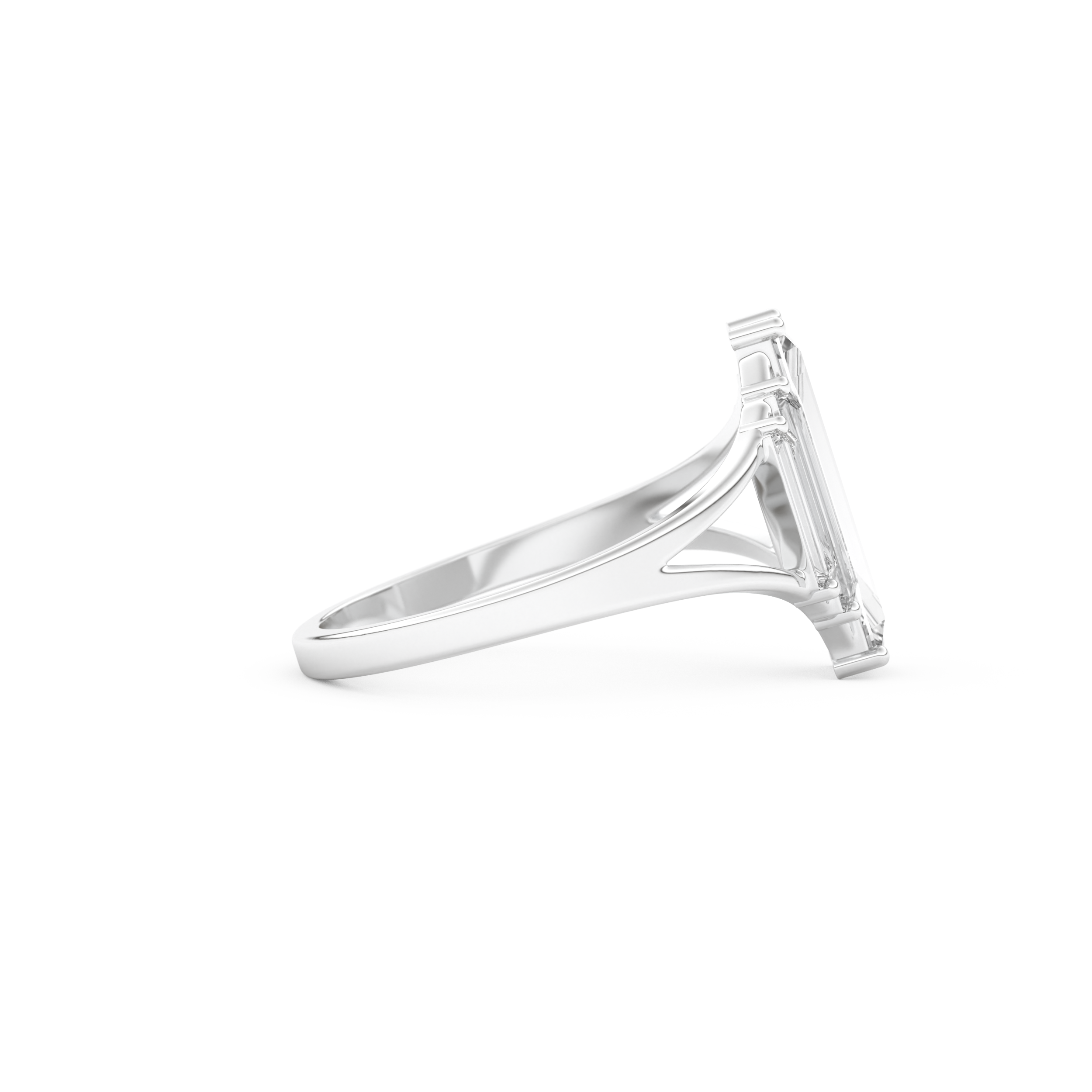 Elongated Baguette Straight Cut 1.0 Carat Moissanite Ring – Three Stones and Split Shank Setting in Gold