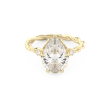 Elongated Pear Cut 2.73 Carat Moissanite Ring – Three Stones Setting in Gold