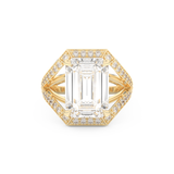 Elongated Emerald Cut 5.75 Carat Moissanite Ring – Split Shank & Pave Setting in Gold