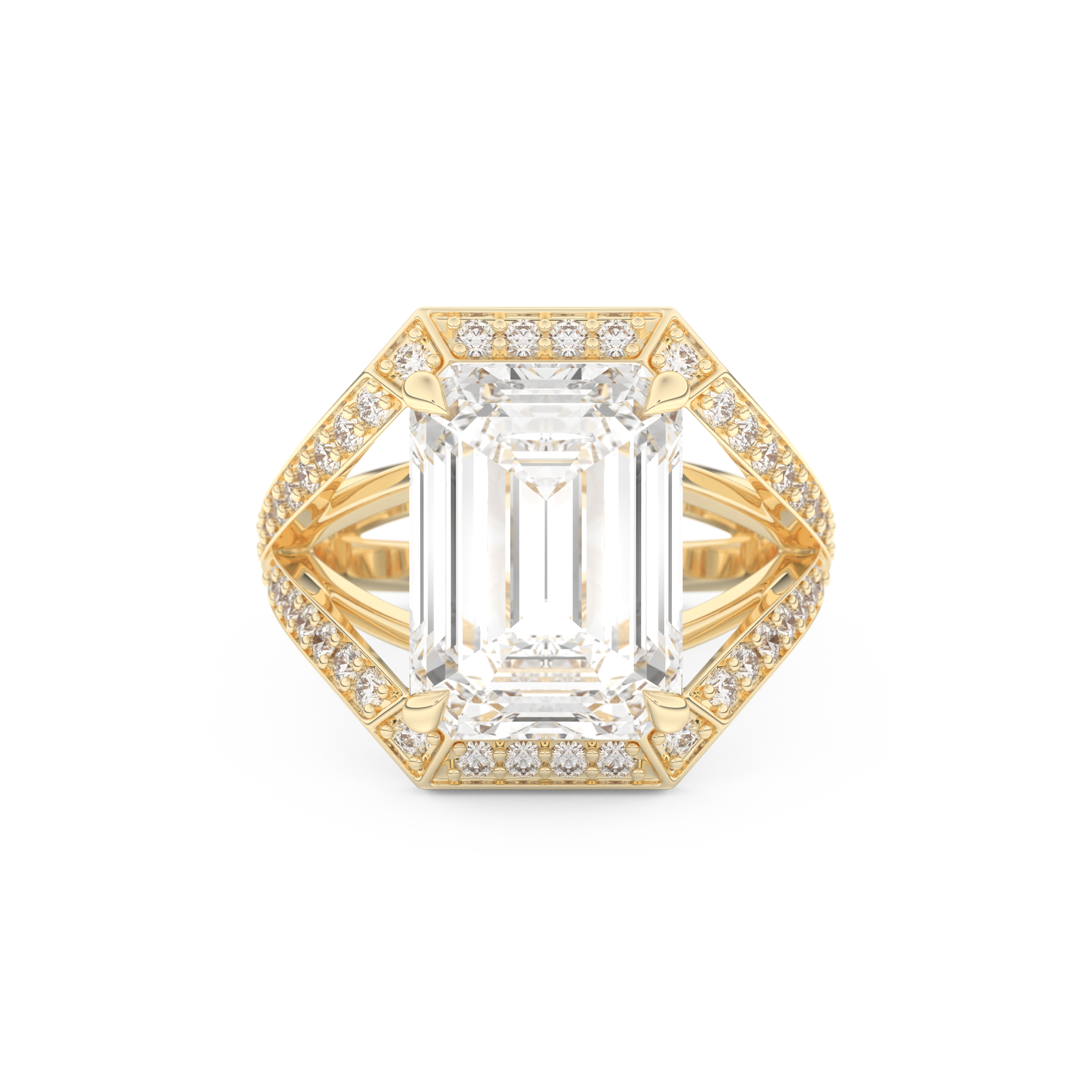 Elongated Emerald Cut 5.75 Carat Moissanite Ring – Split Shank & Pave Setting in Gold