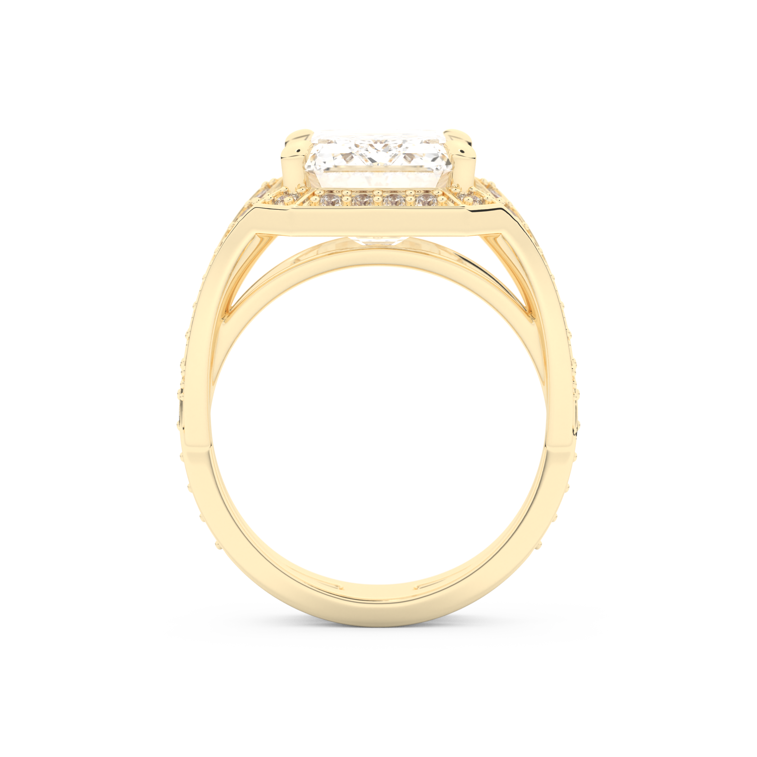 Elongated Emerald Cut 5.75 Carat Moissanite Ring – Split Shank & Pave Setting in Gold