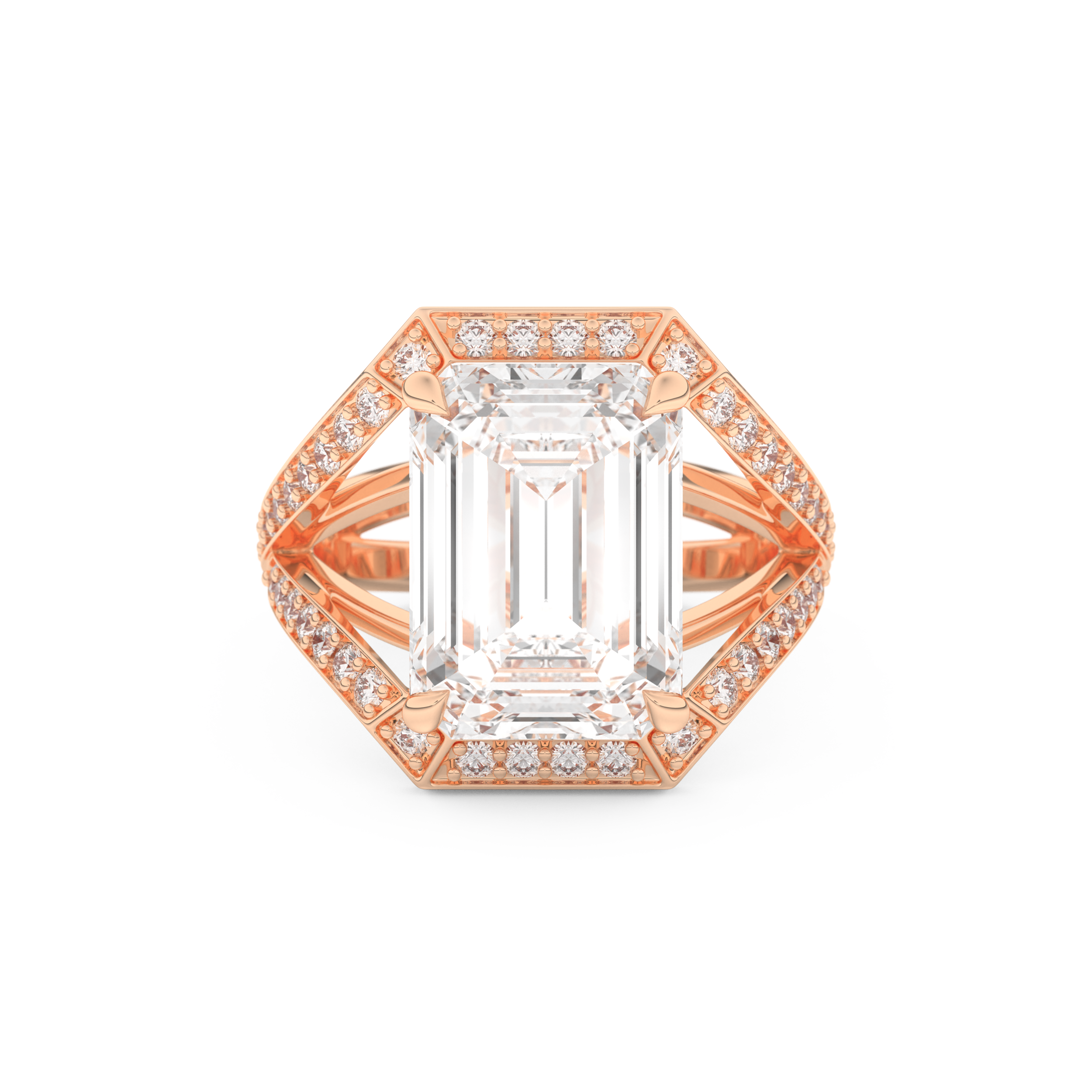 Elongated Emerald Cut 5.75 Carat Moissanite Ring – Split Shank & Pave Setting in Gold