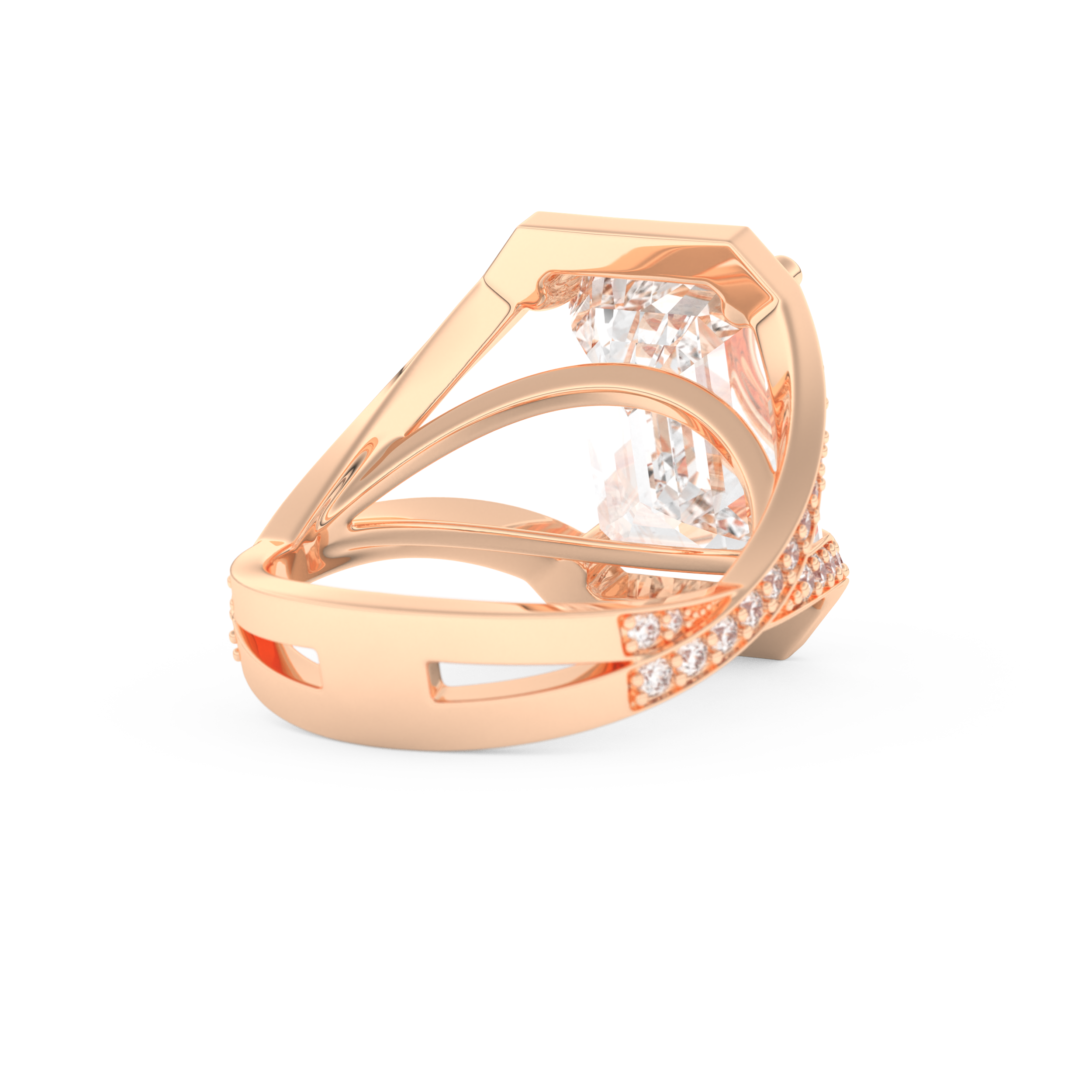 Elongated Emerald Cut 5.75 Carat Moissanite Ring – Split Shank & Pave Setting in Gold